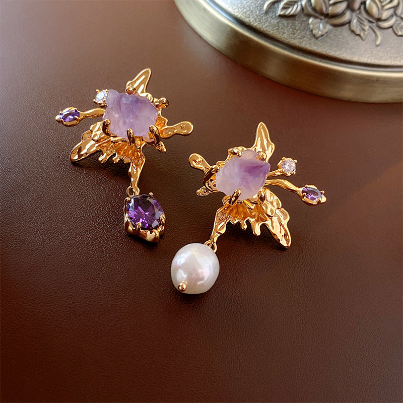 Elegant Asymmetric Freshwater Pearl Lilac Dangle Earrings for Women | HE13762 | Perfect for Weddings, Parties & Special Occasions