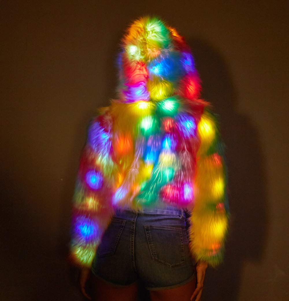 LED Light Up Jacket for Women - Glow in The Dark Rave, Stage, Xmas & Birthday Party Costume - Faux Fur Coats for Nightclub, Festival & Fancy Dress