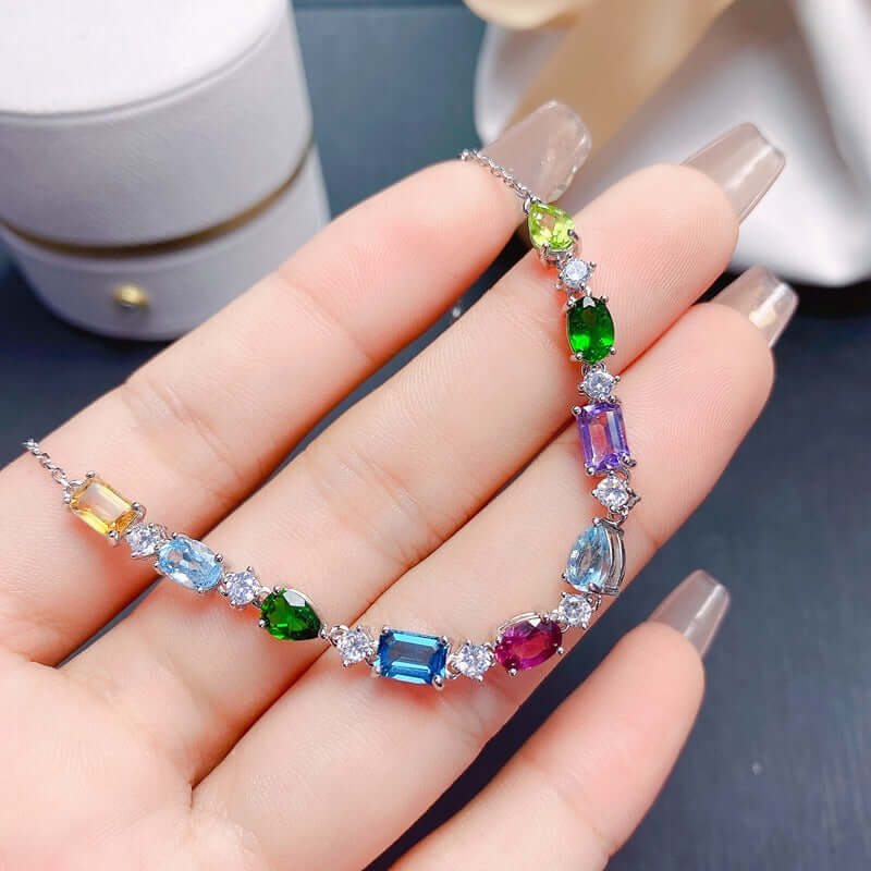 Amethyst Topaz Birthstone Bracelet & Peridot Chain Bracelet - Elegant Gemstone Jewelry for Women | Perfect for Birthday Gifts, Anniversary Presents & Everyday Wear | FME B085