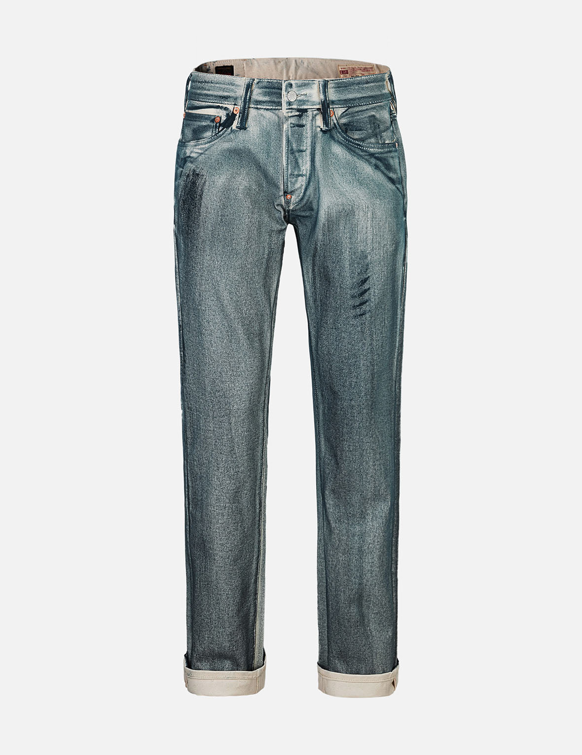 Kamon and Seagull Appliqué with Rubbing Print Regular Straight Fit Jeans #2008 - Vintage Inspired Denim Pants for Casual Wear and Street Style Fashion