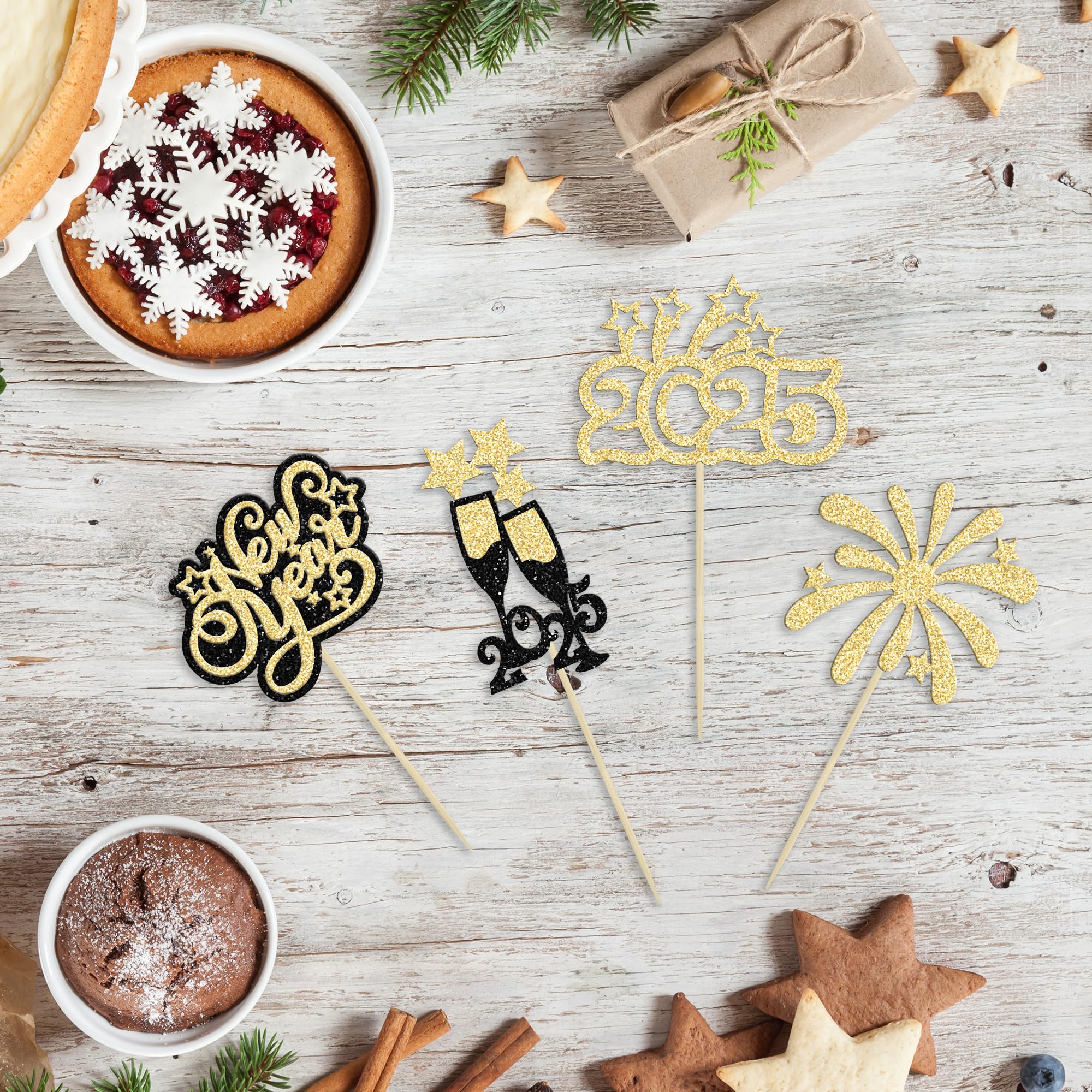 24Pcs Gold Glitter Happy New Year 2025 Cupcake Toppers - Champagne & Firework Cake Picks for New Year's Eve Party Decorations - Perfect for NYE Celebrations, Birthday Parties, and Holiday Dessert Decor