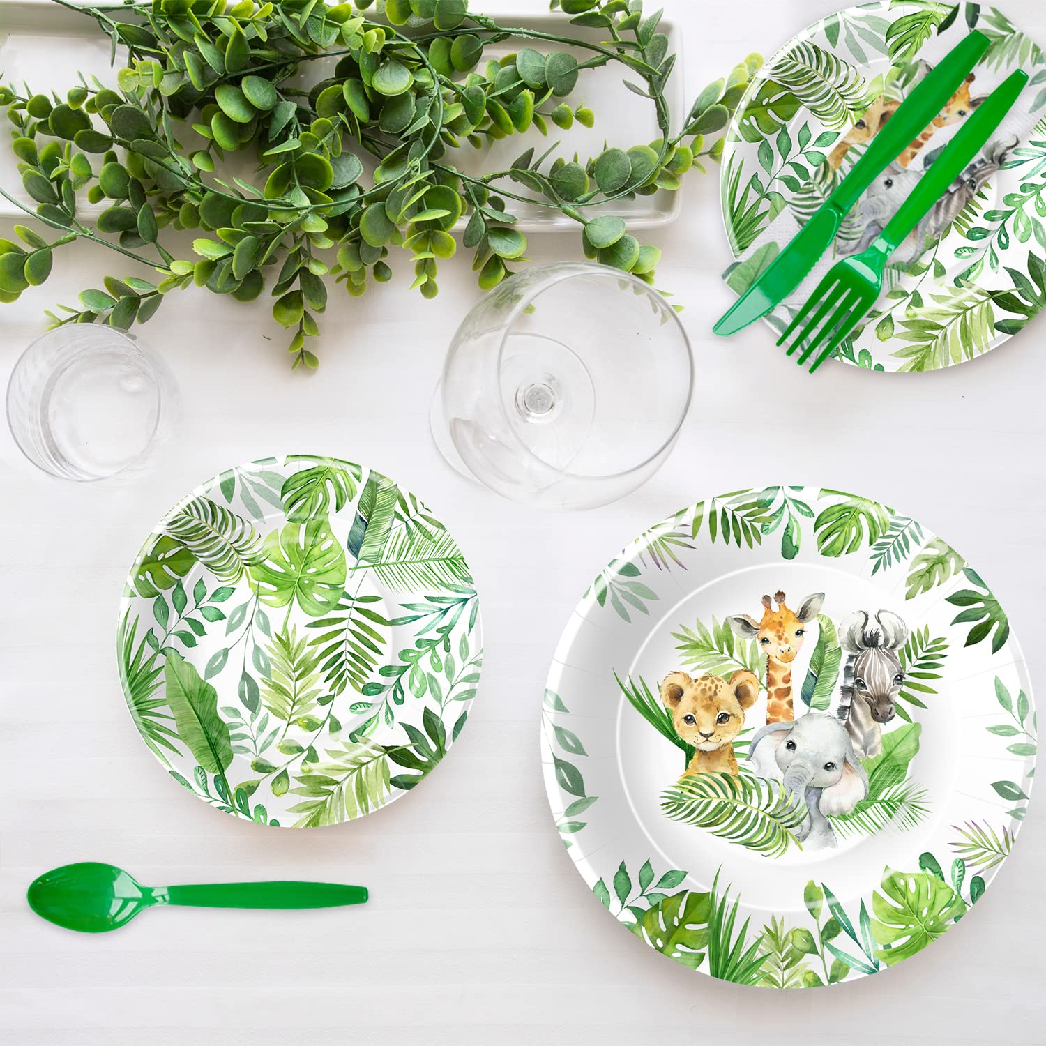 Safari Jungle Theme Party Supplies - 24-Piece Tableware Set with Plates, Cups, Napkins, Cutlery, Tablecloth & Straws | Perfect for Birthday Parties, Baby Showers & Wild Animal Themed Events
