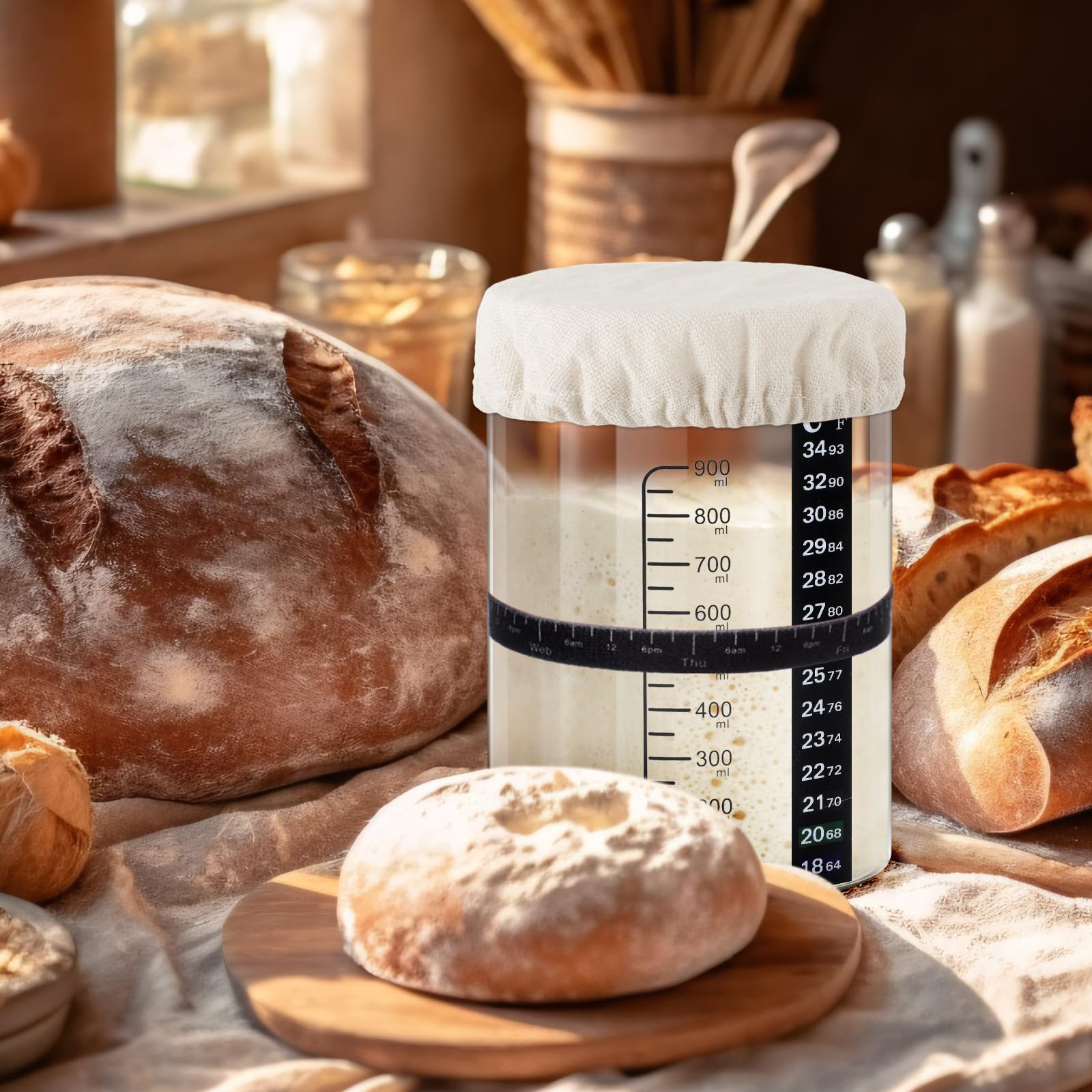 2-Pack 34 oz Sourdough Starter Kit with Thermometer, Scraper, Cloth Cover & Bamboo Lid - Wide Mouth Glass Jar for Homemade Bread Baking - Perfect for Artisan Sourdough, Pizza Dough & Fermented Foods