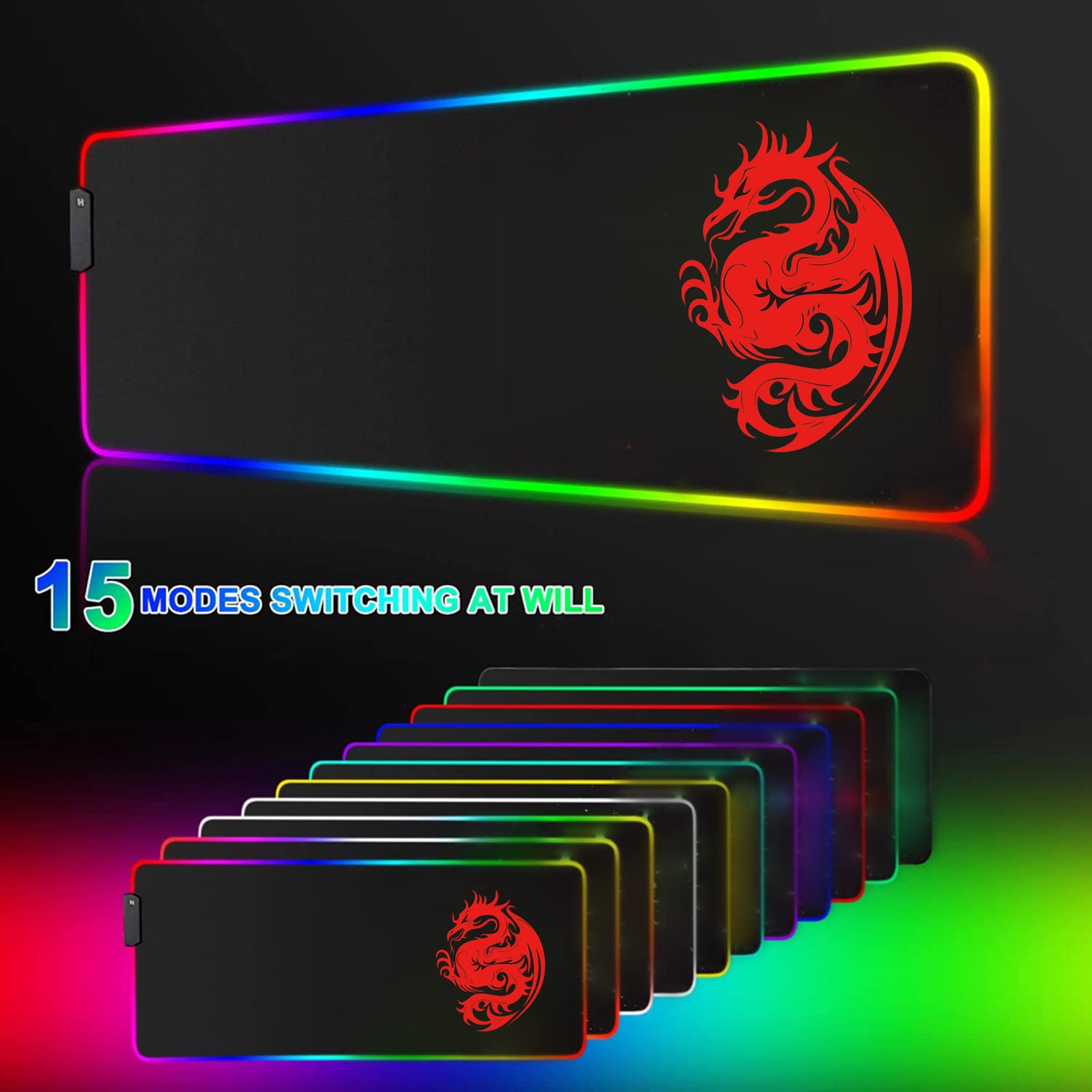 RGB Gaming Mouse Pad with 15 LED Light Modes - Large Extended Keyboard Mouse Mat (31.5x12in) for PC Gamers - Dragon Design Non-Slip Surface - Perfect for Gaming Setups, Office Work & Streaming (Red)