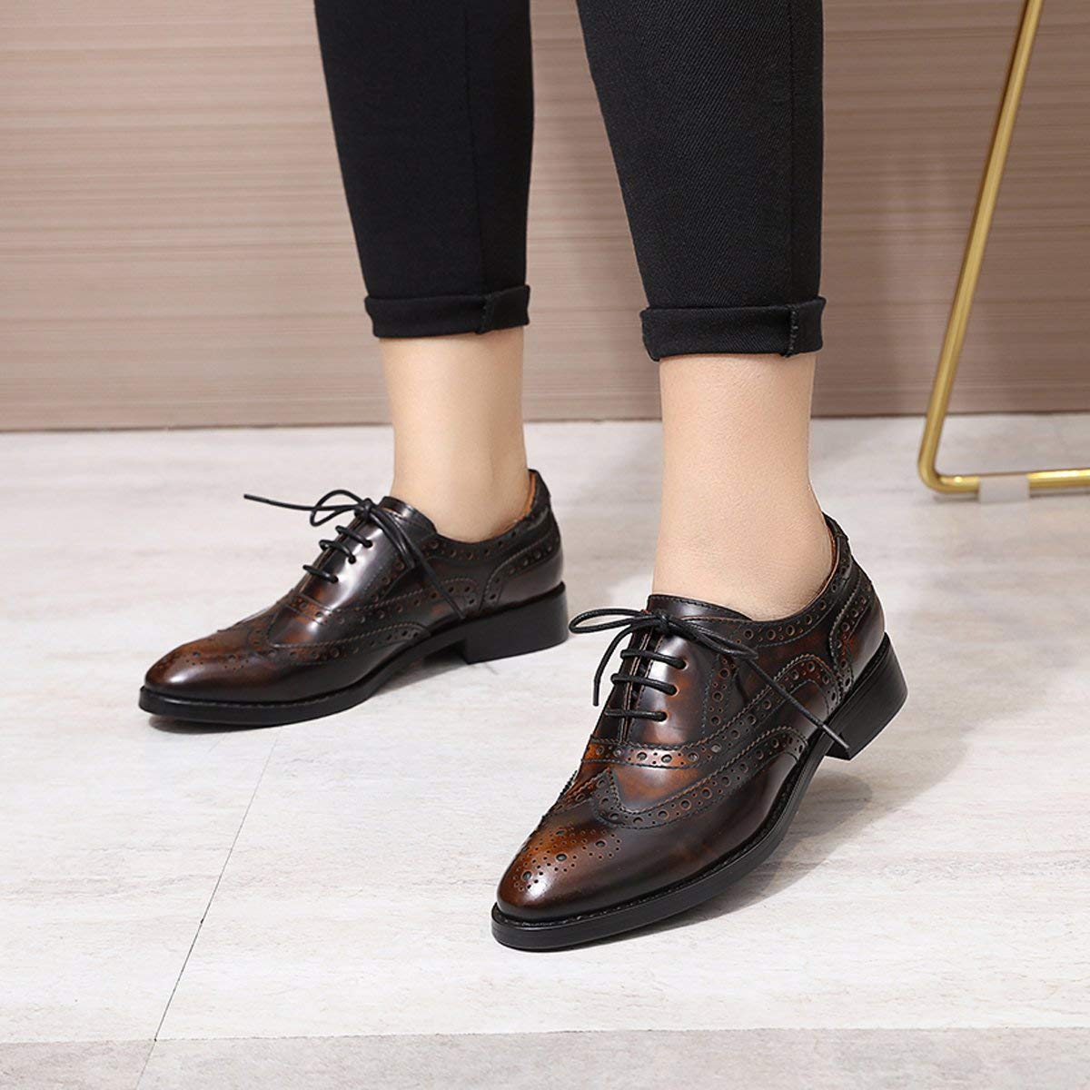 Women's Leather Wingtip Oxford Shoes - Perforated Brogue Lace-Up Design for Comfort & Style | Perfect for Office, Casual Wear & Special Occasions