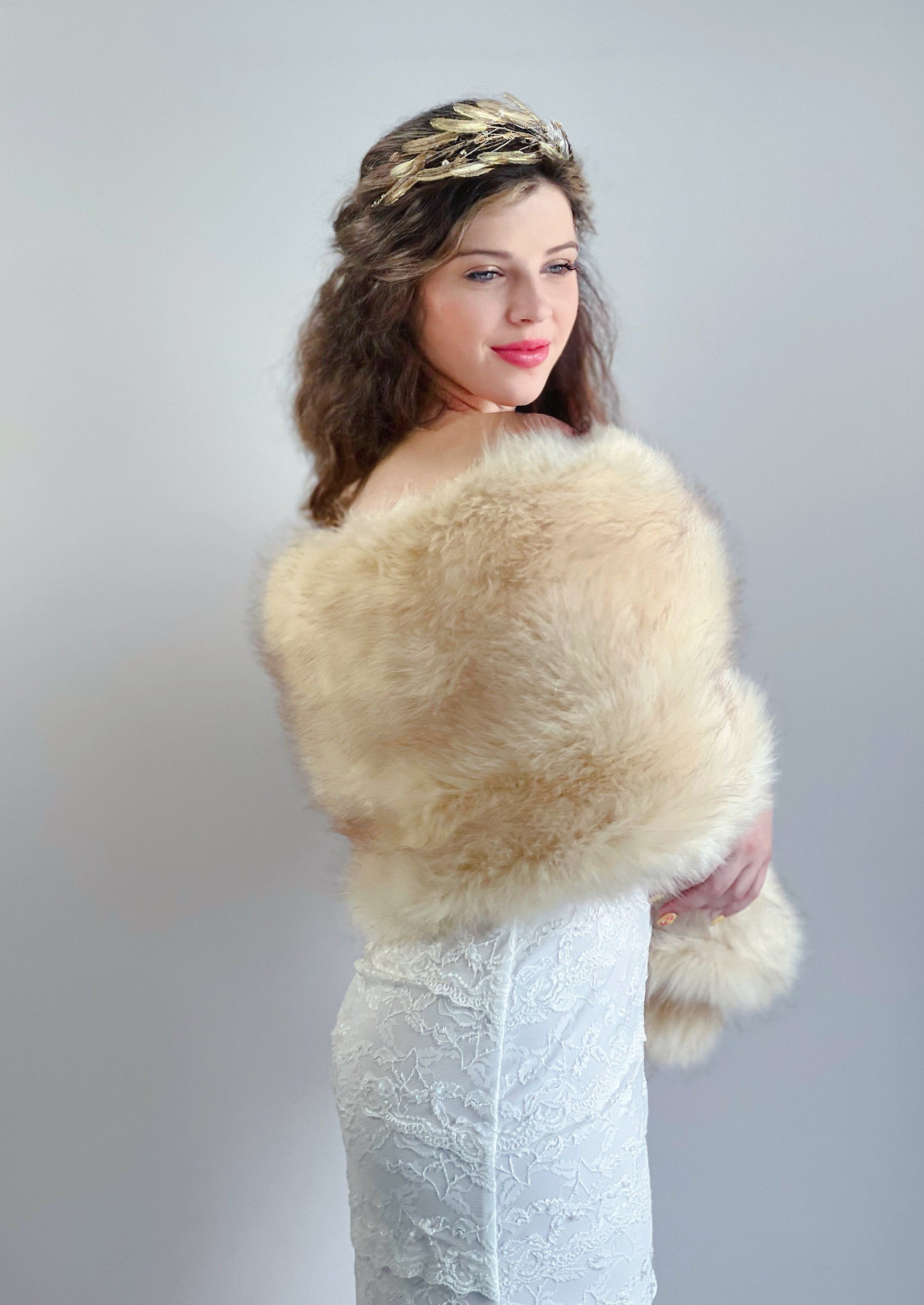 Luxury Champagne Bridal Fur Shawl - Elegant Wedding Wrap for Brides & Bridesmaids (Lilian Cha03) - Perfect for Winter Weddings, Photo Shoots & Formal Events