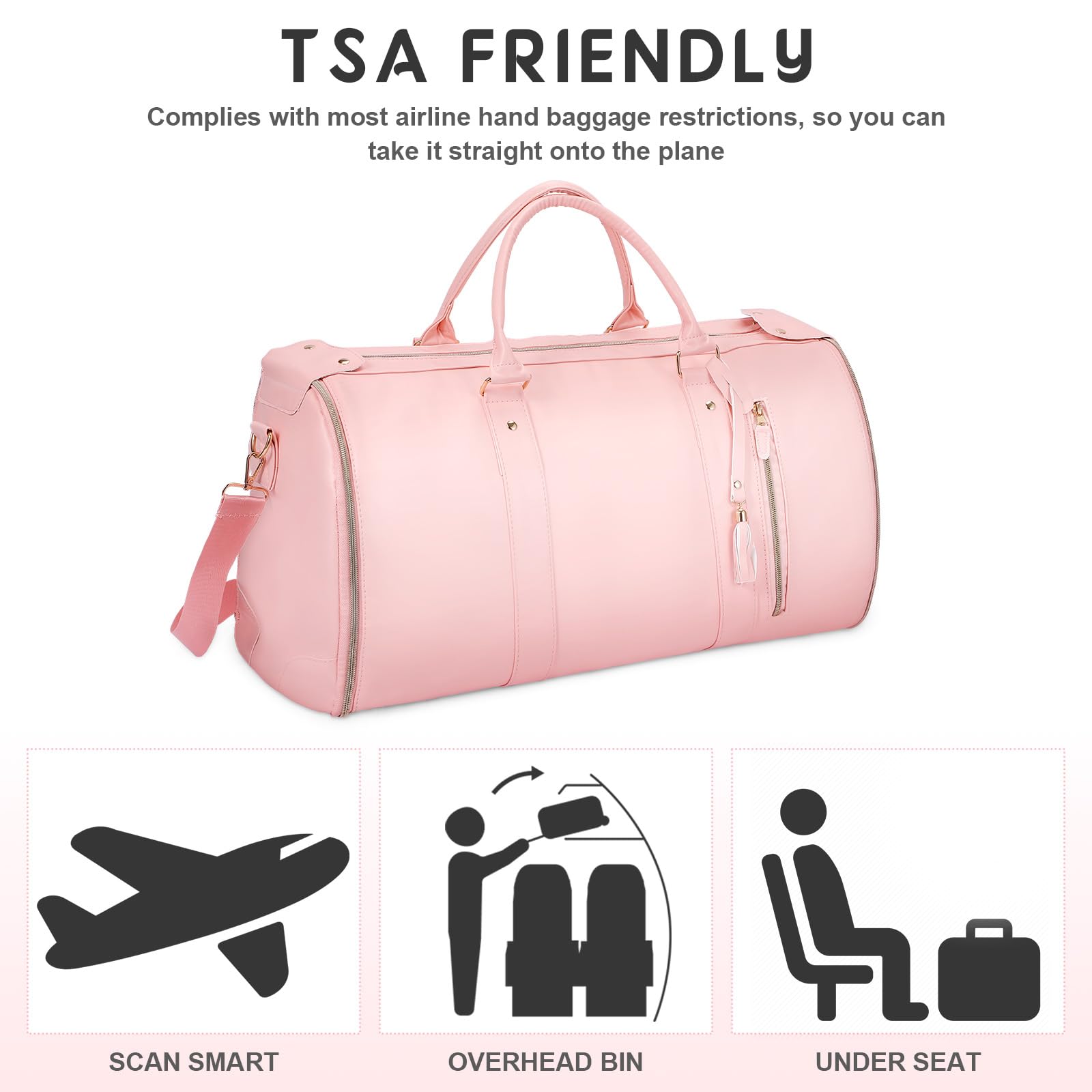 Premium 2-in-1 Convertible PU Leather Garment Bag for Women - Travel Hanging Suitcase with Shoe Compartment & Toiletry Pouch | Carry-On Dress Bag for Business Trips, Weddings & Vacations (Pink)