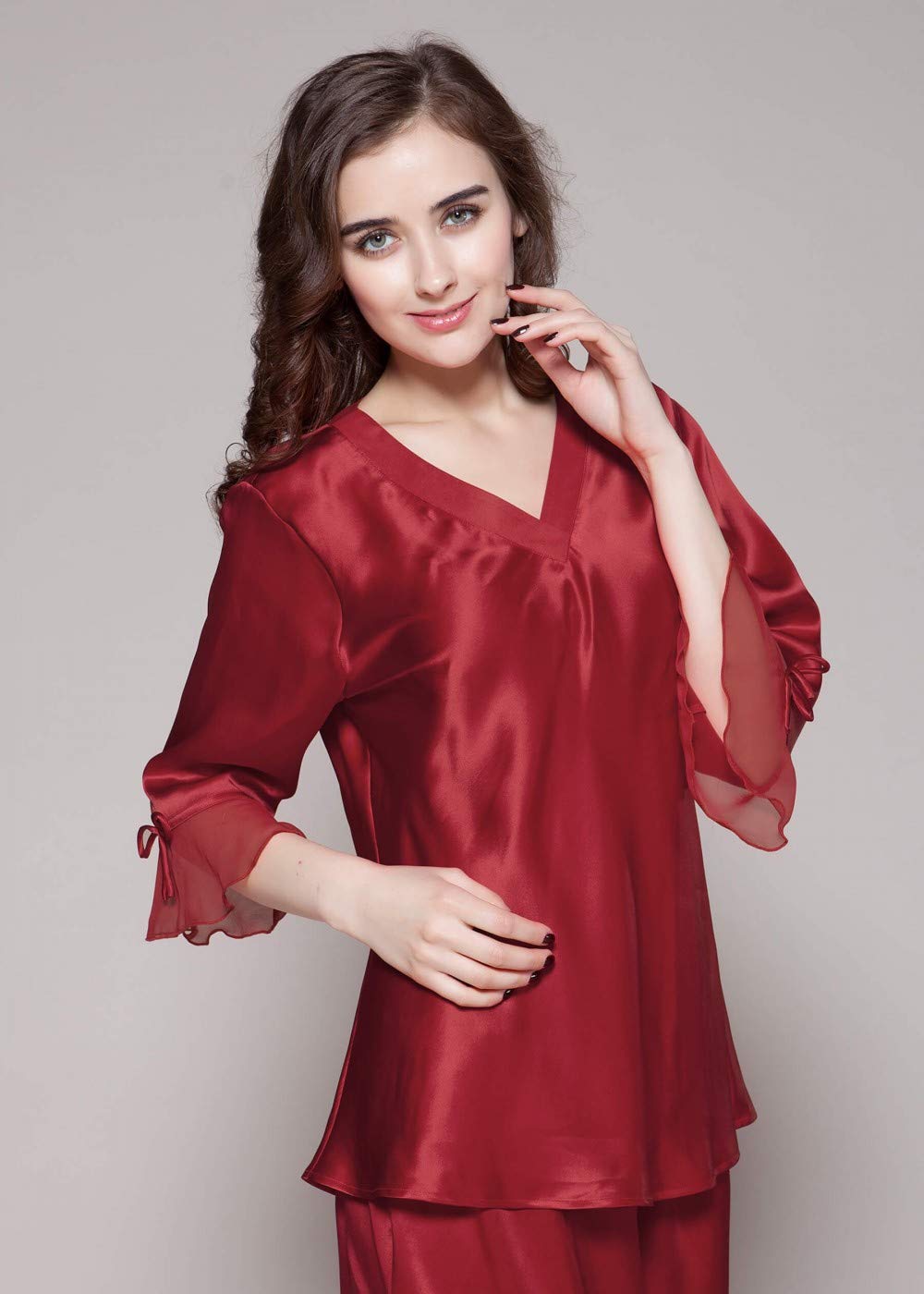 LilySilk 100% Mulberry Silk Pajama Set for Women - V-Neck 3/4 Sleeve Luxury Sleepwear & Loungewear - Perfect for Relaxing at Home, Spa Days and Gift Giving