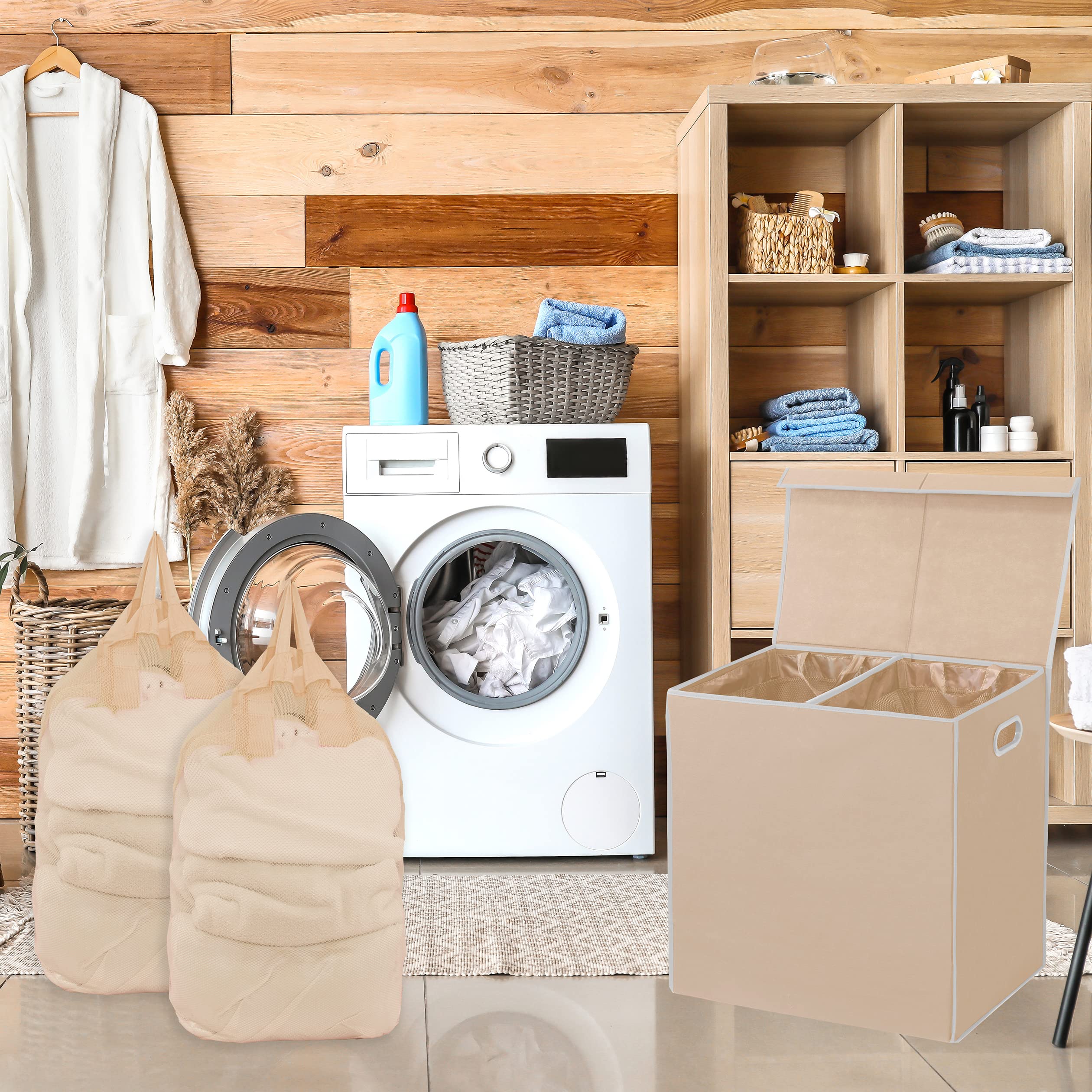 Simple Houseware Double Laundry Hamper with Lid & Removable Laundry Bags - Beige Foldable Clothes Hamper for Bedroom, Bathroom & Dorm Organization