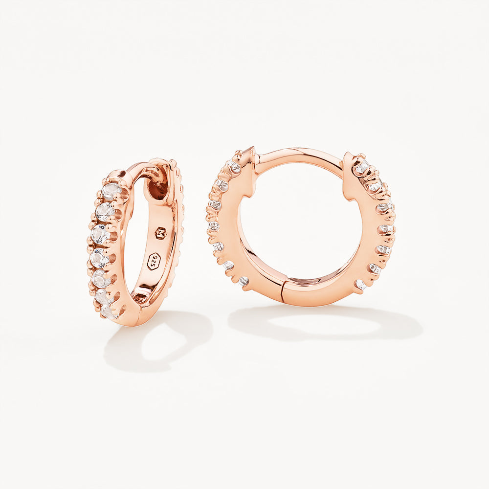 Rose Gold White Topaz Rainbow Huggie Earrings for Women - Elegant Everyday Jewelry for Work & Special Occasions