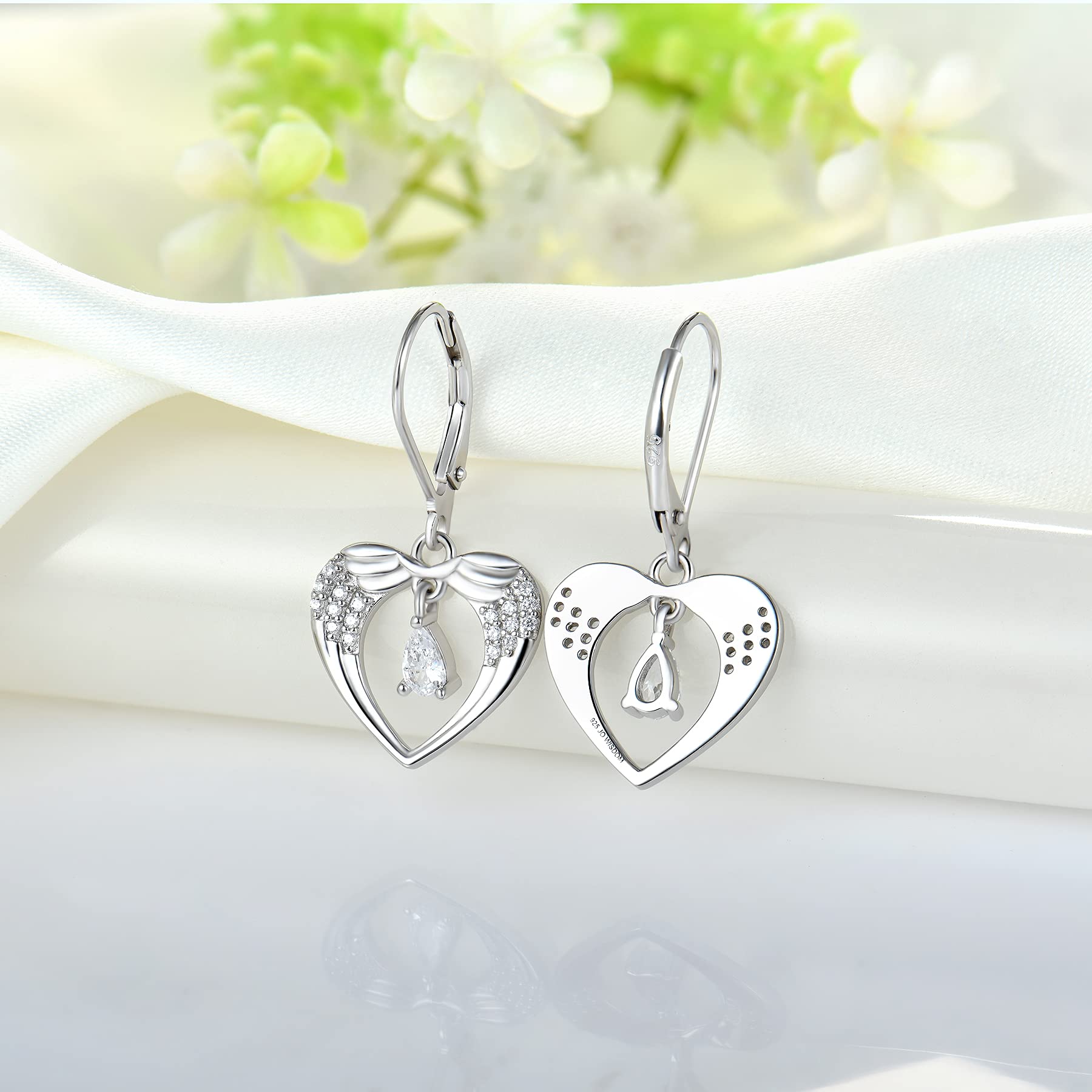 JO WISDOM 925 Sterling Silver Angel Wing Drop Earrings for Women - Elegant Dangle Earrings with 3A Pear Shape Cubic Zirconia Birthstone, Perfect Gift for Birthday, Anniversary & Everyday Wear (February Birthstone Example)