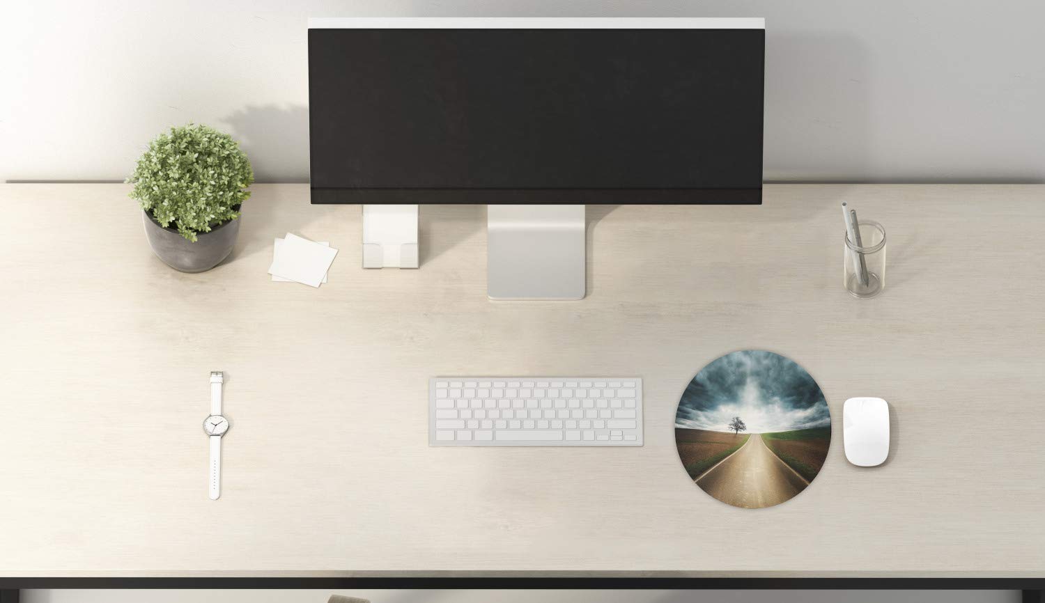 Ambesonne Round Non-Slip Rubber Gaming Mouse Pad - 8 Inch Computer Mousepad with Landscape Design of Road Through Empty Fields and Dramatic Sky, Teal Brown - Perfect for Office, Gaming, and Home Workspace