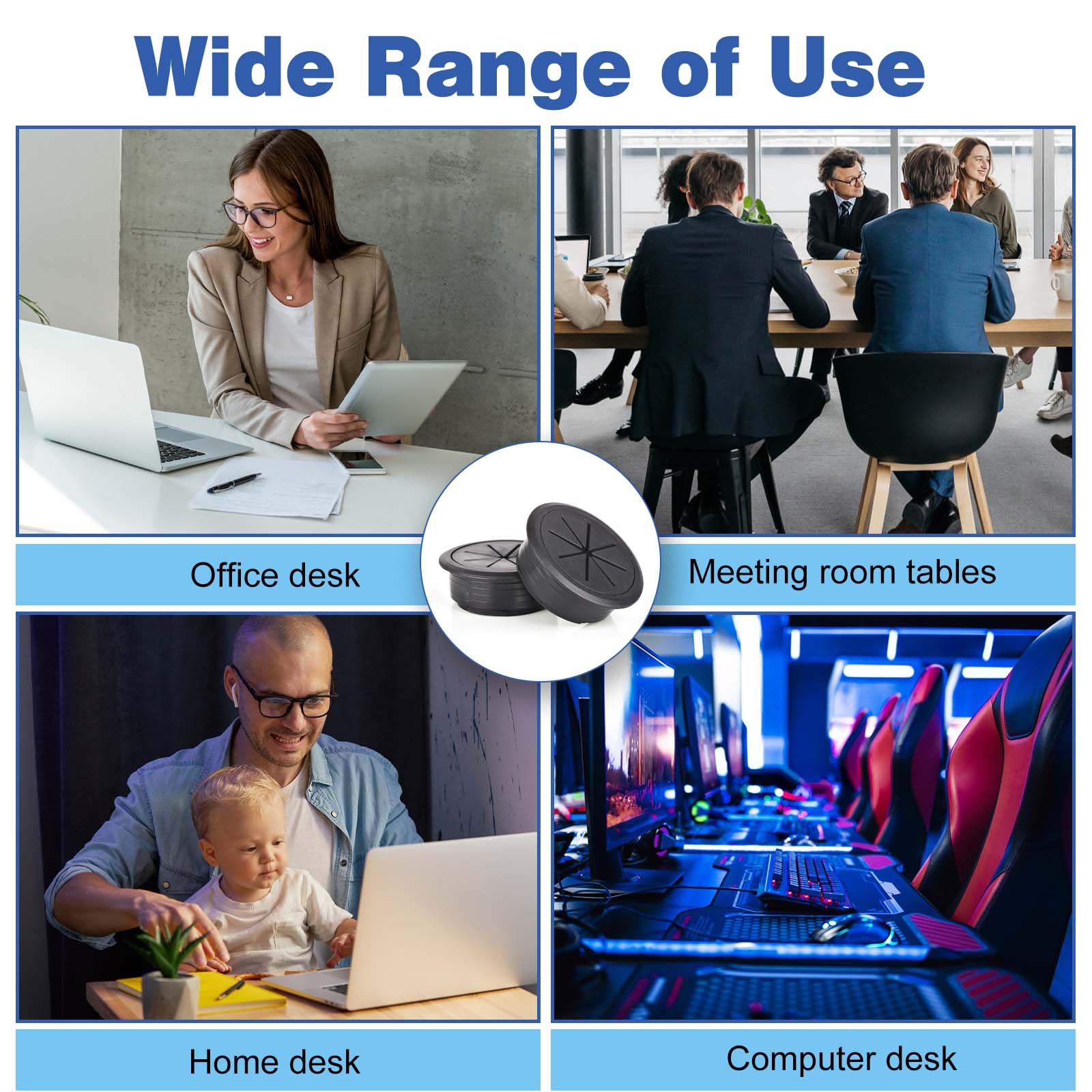 10-Pack Flexible Silicone Desk Cable Grommets (2 Inch/50mm Hole Size) with Hole Saw - Cable Management Organizer for Office Desks, Workstations & Home Offices - Hide & Route Wires Neatly