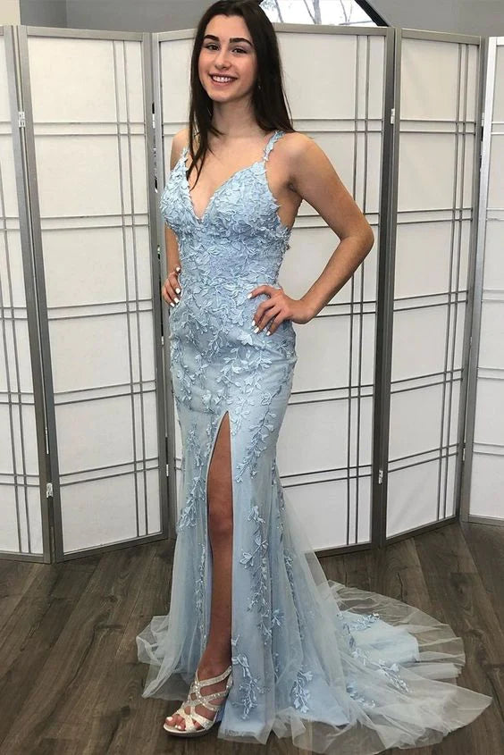 Elegant Light Blue Lace Graduation Dress - Mermaid Style Long Formal Gown for Prom, Homecoming & Special Occasions