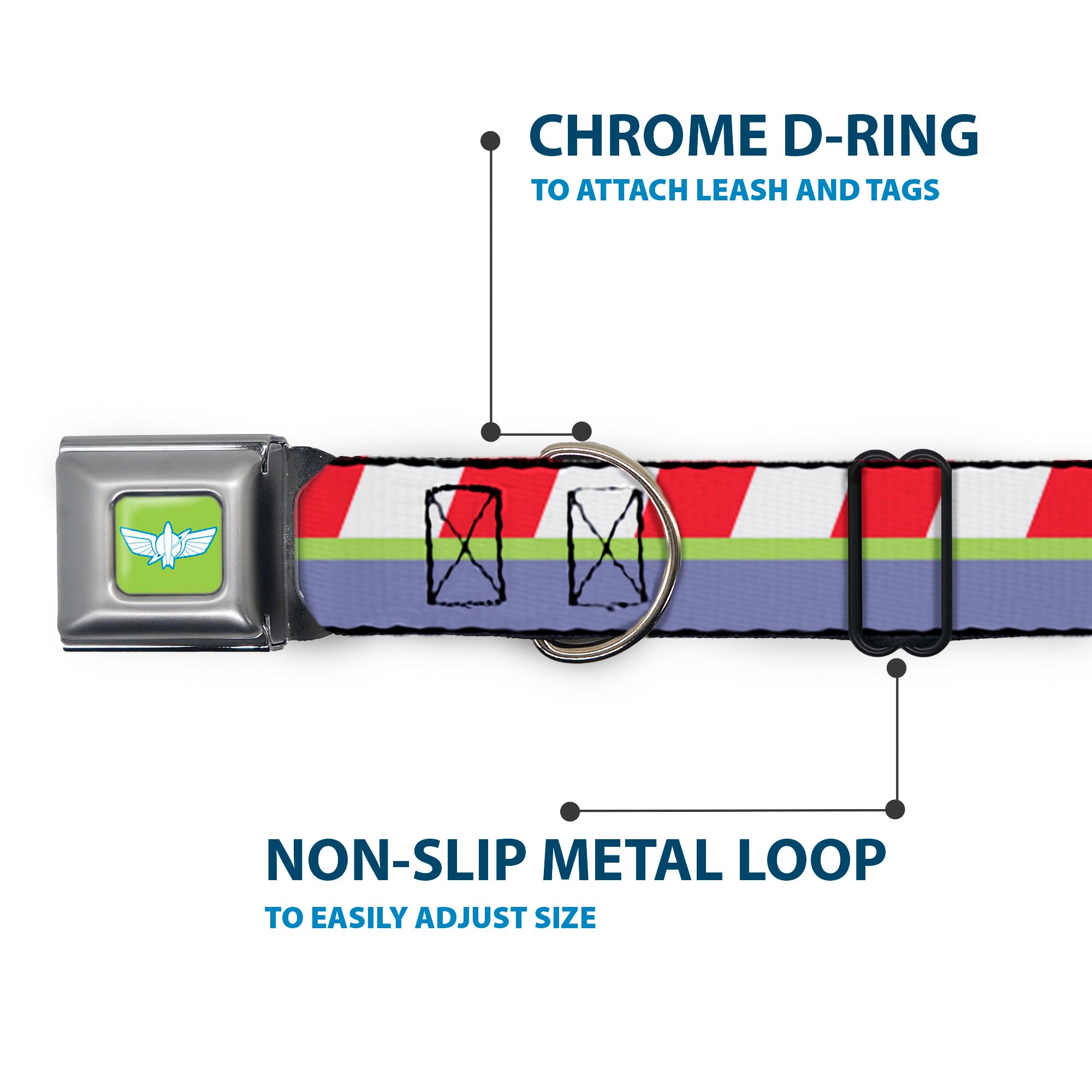 Buckle-Down Dog Collar with Seatbelt Buckle - Toy Story Buzz Lightyear Themed Striped Design in Red, Green & Purple - Adjustable 11-17 Inches, 1.0 Inch Wide - Perfect for Cosplay, Pet Costumes & Disney-Themed Events (DC-SB-DYXU-WDY494-1.0-M)