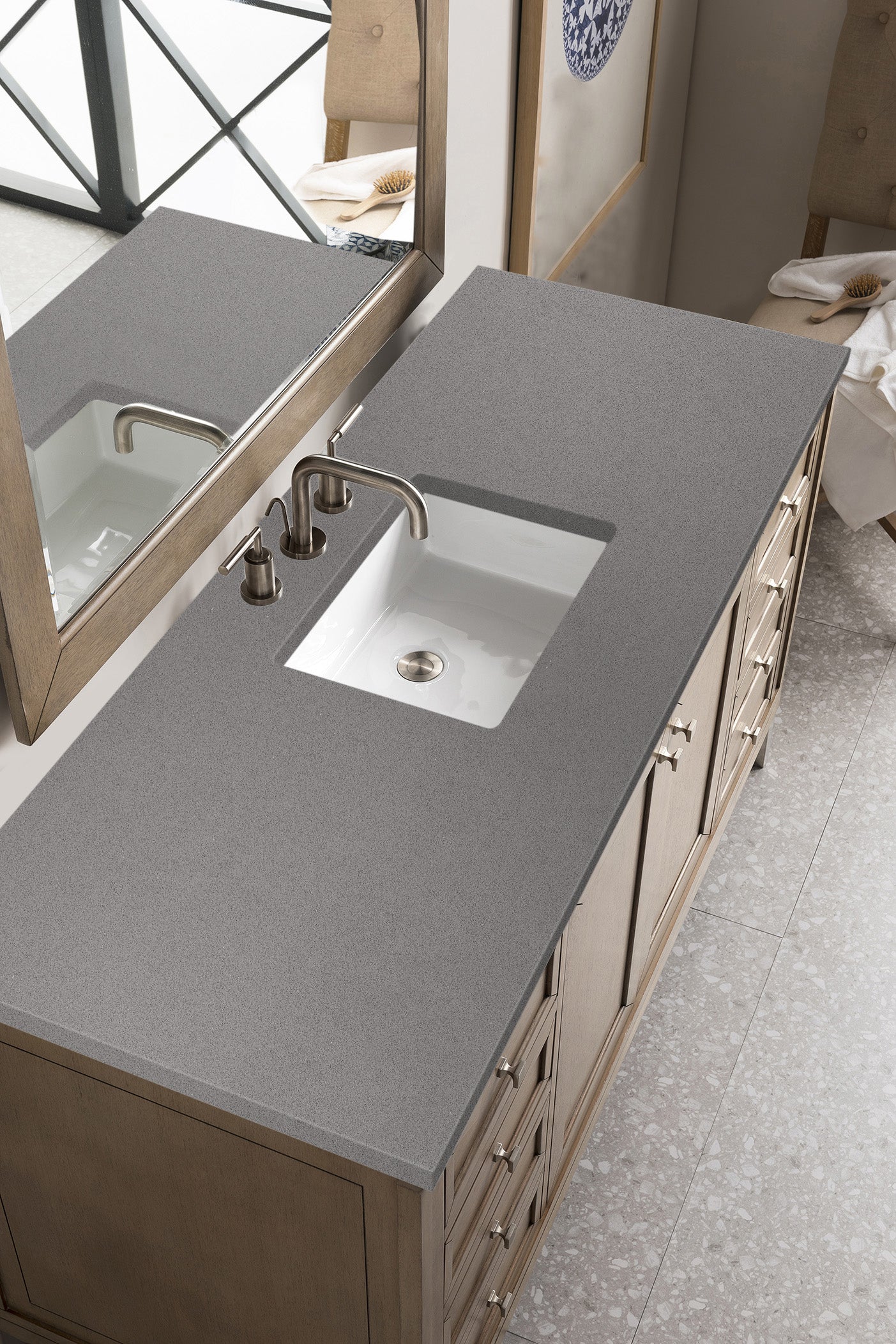 Chicago 60 Inch Single Bathroom Vanity Set - Whitewashed Walnut with 3CM Gray Expo Quartz Countertop | Modern Bathroom Storage Solution for Small Spaces & Powder Rooms