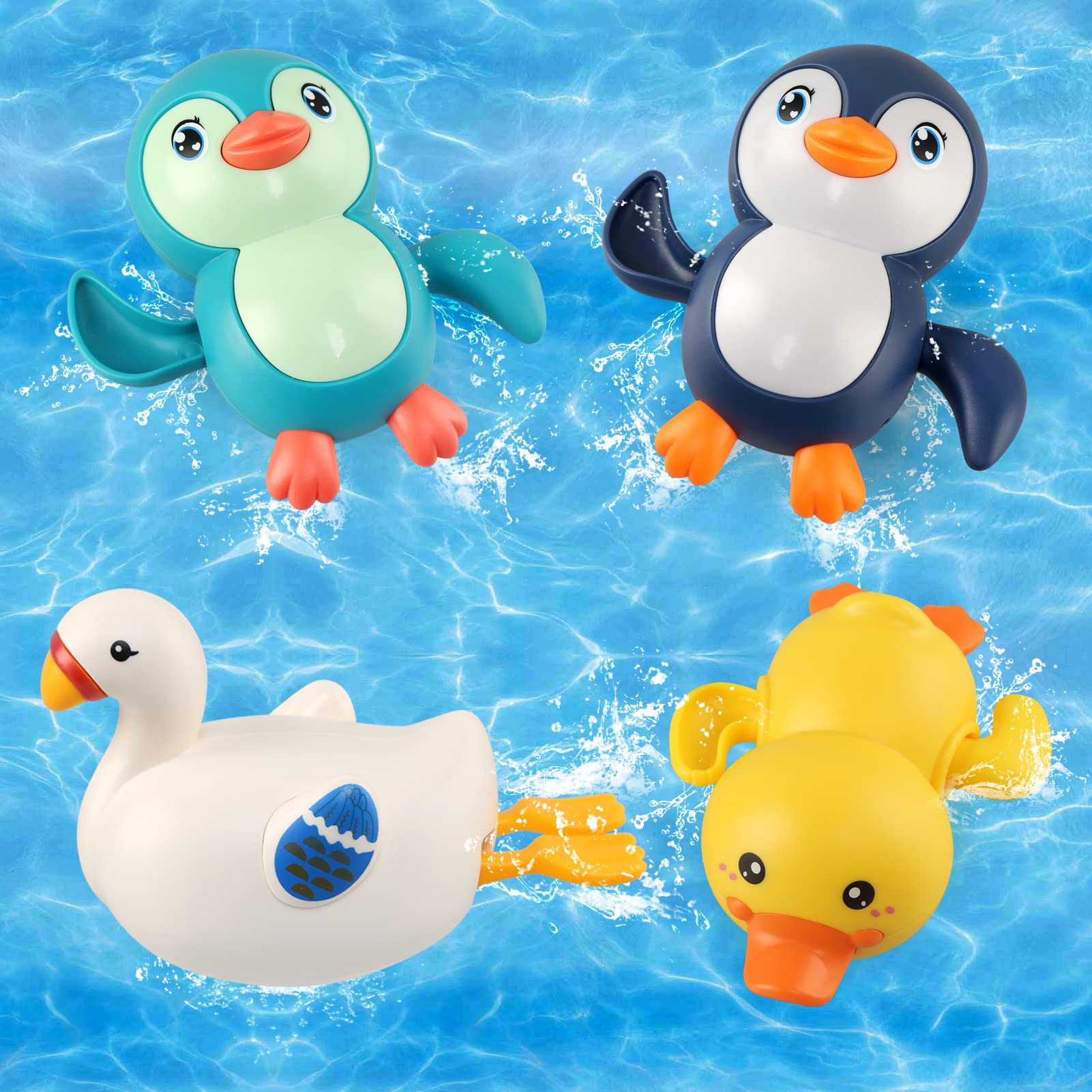 BelleStyle Wind Up Bath Toys for Kids - 4-Piece Floating Duck, Penguin, Swan & Clockwork Water Toys Set | Fun Bathtub, Pool & Swimming Play for Toddlers, Boys & Girls