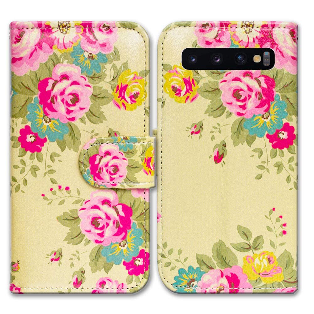 Pink Flower Yellow Leather Flip Wallet Case for Samsung Galaxy S10 Plus/S10+ with Card Slot Holder & Kickstand - Stylish Protective Cover for Everyday Use & Travel