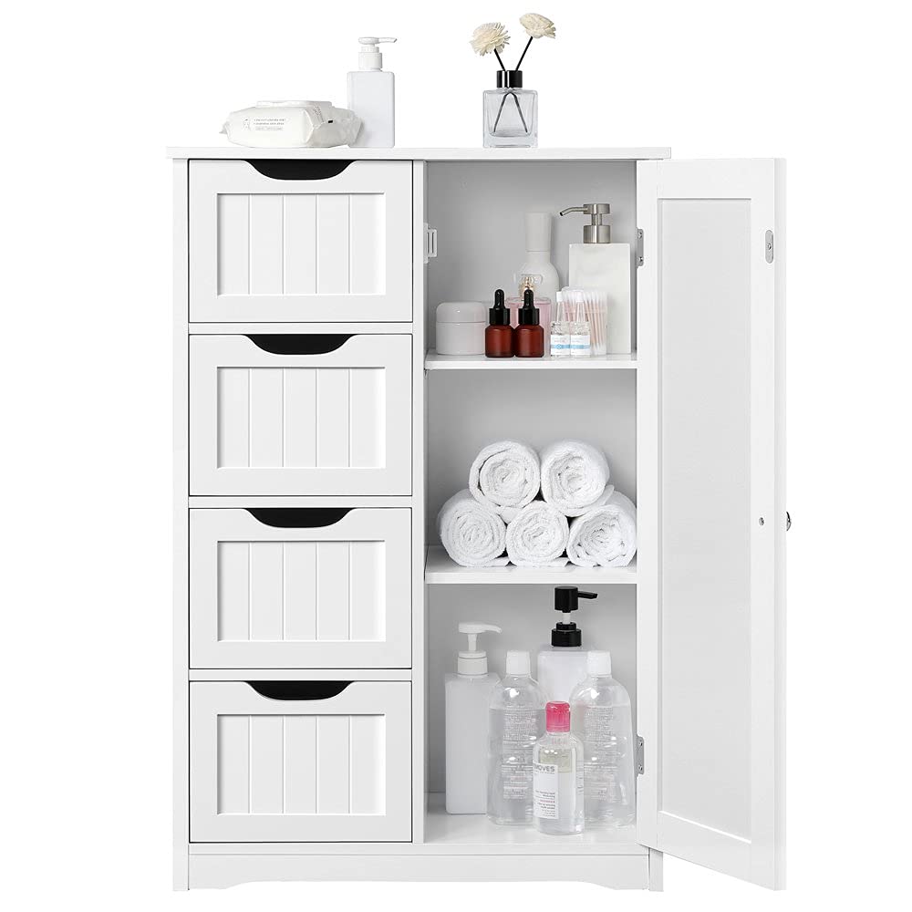 Modern White Wooden Bathroom Floor Cabinet with 4 Drawers - Freestanding Storage Organizer for Bathroom, Living Room & Bedroom - Space-Saving Home Organization Solution for Towels, Toiletries & Decor