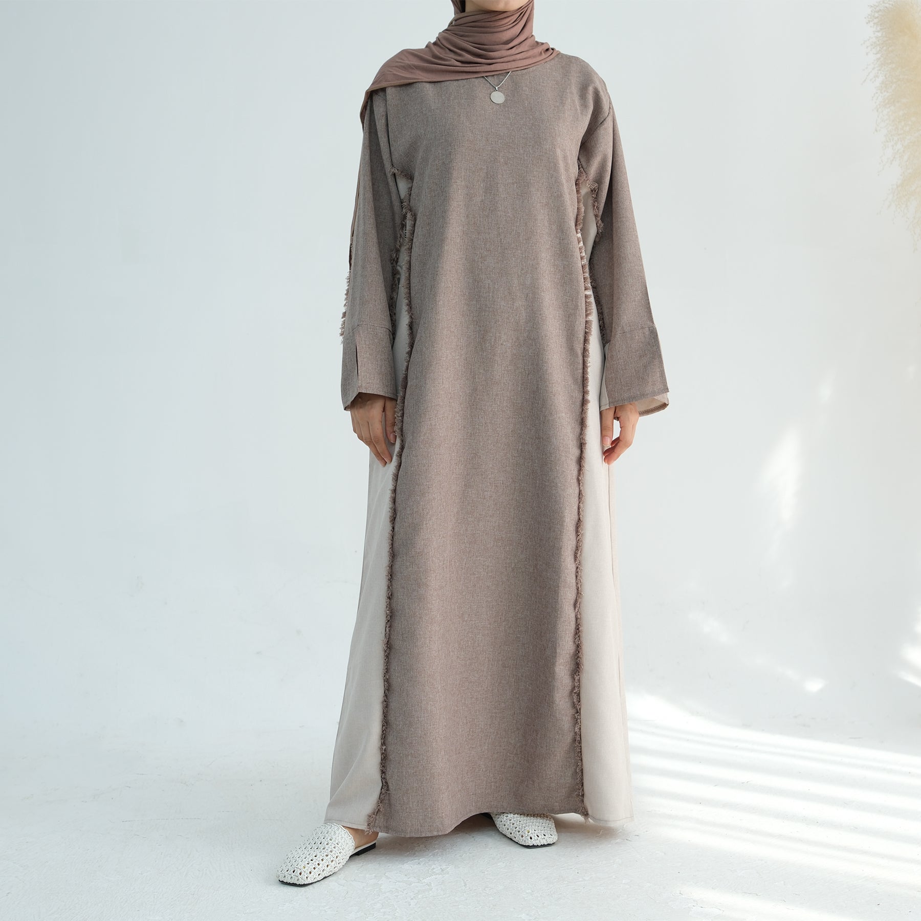 Blair Fringe Abaya Dress in Taupe - Elegant Islamic Modest Dress for Women, Perfect for Prayer, Eid, and Special Occasions