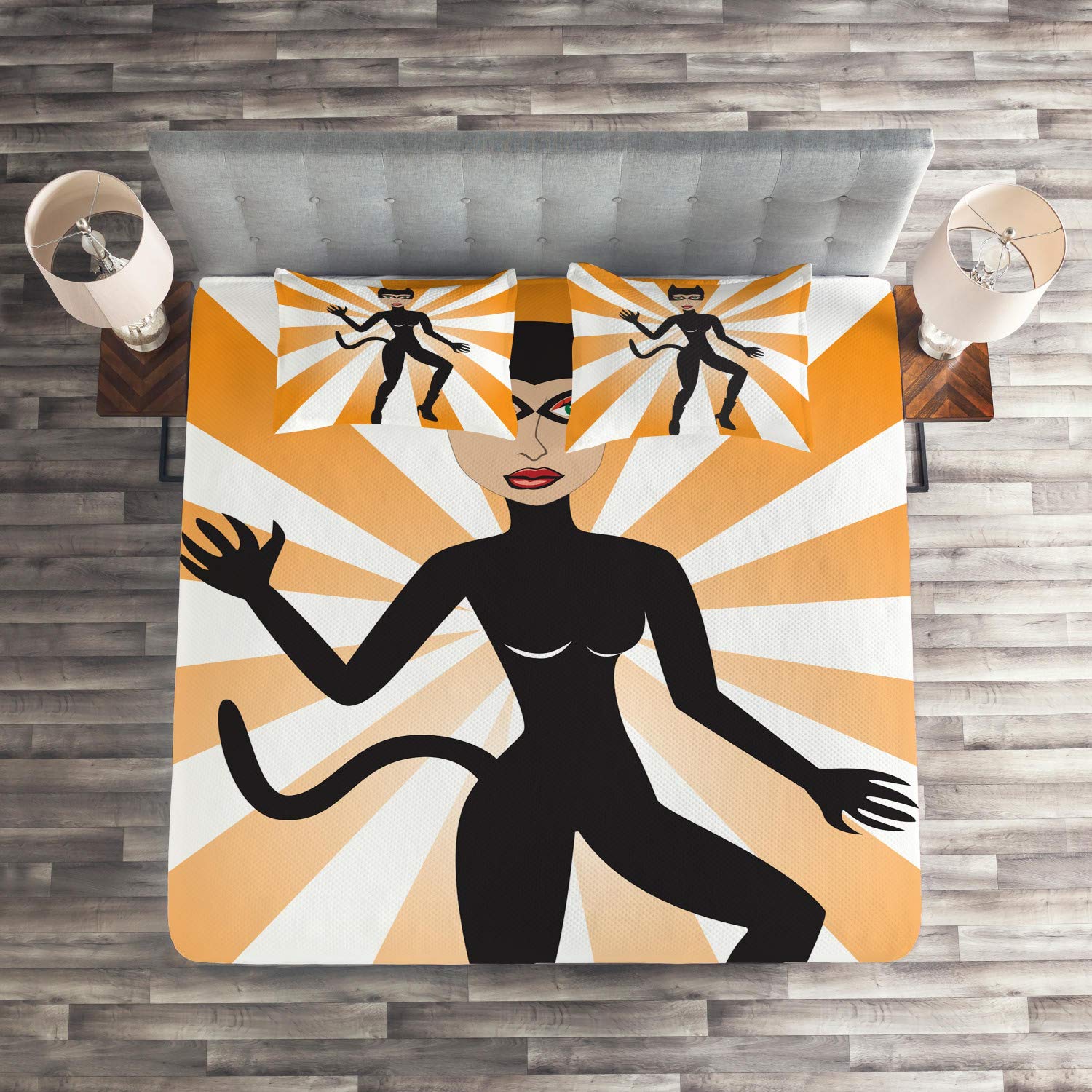 Ambesonne Retro 3-Piece Quilted Bedspread Set - King Size Cat Woman Halloween Themed Coverlet with Starburst Design & 2 Pillow Shams in Pale Orange, Ecru, Laurel Green & Charcoal Grey | Perfect for Halloween Decor, Themed Bedrooms & Cozy Fall Nights