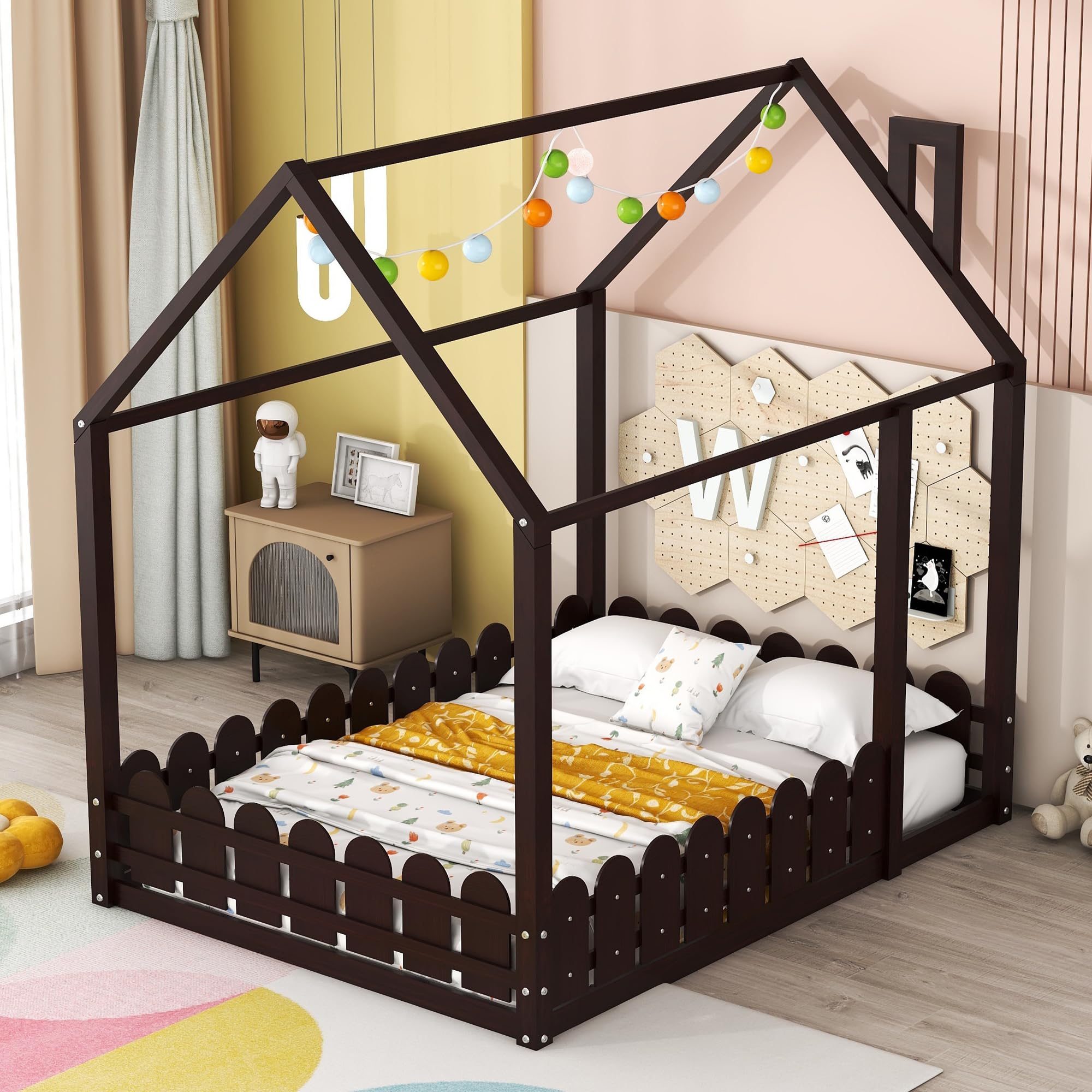 Harper & Bright Designs Full Size House Bed for Kids - Montessori Floor Bed with Safety Guardrails, Solid Wood Frame for Boys & Girls (Full, Espresso) - Perfect for Montessori Bedrooms, Playrooms & Safe Toddler Sleep