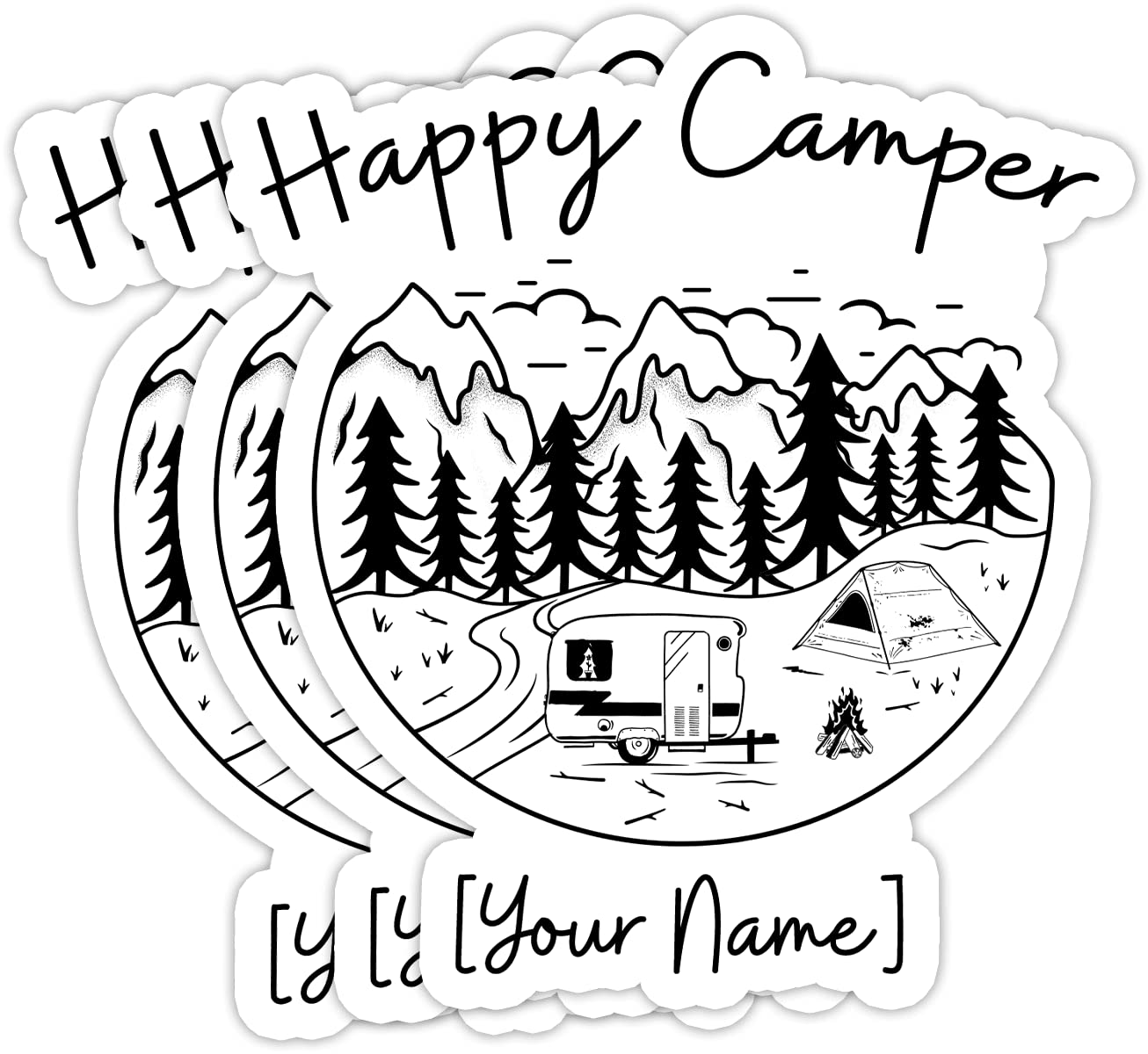 Custom Happy Camper Stickers - Personalized 3x4 Inch Waterproof Vinyl Decals (Pack of 3) - Great for Camping Gear, Water Bottles & Coolers - Perfect Gift for Camping Enthusiasts, Kids & Teens