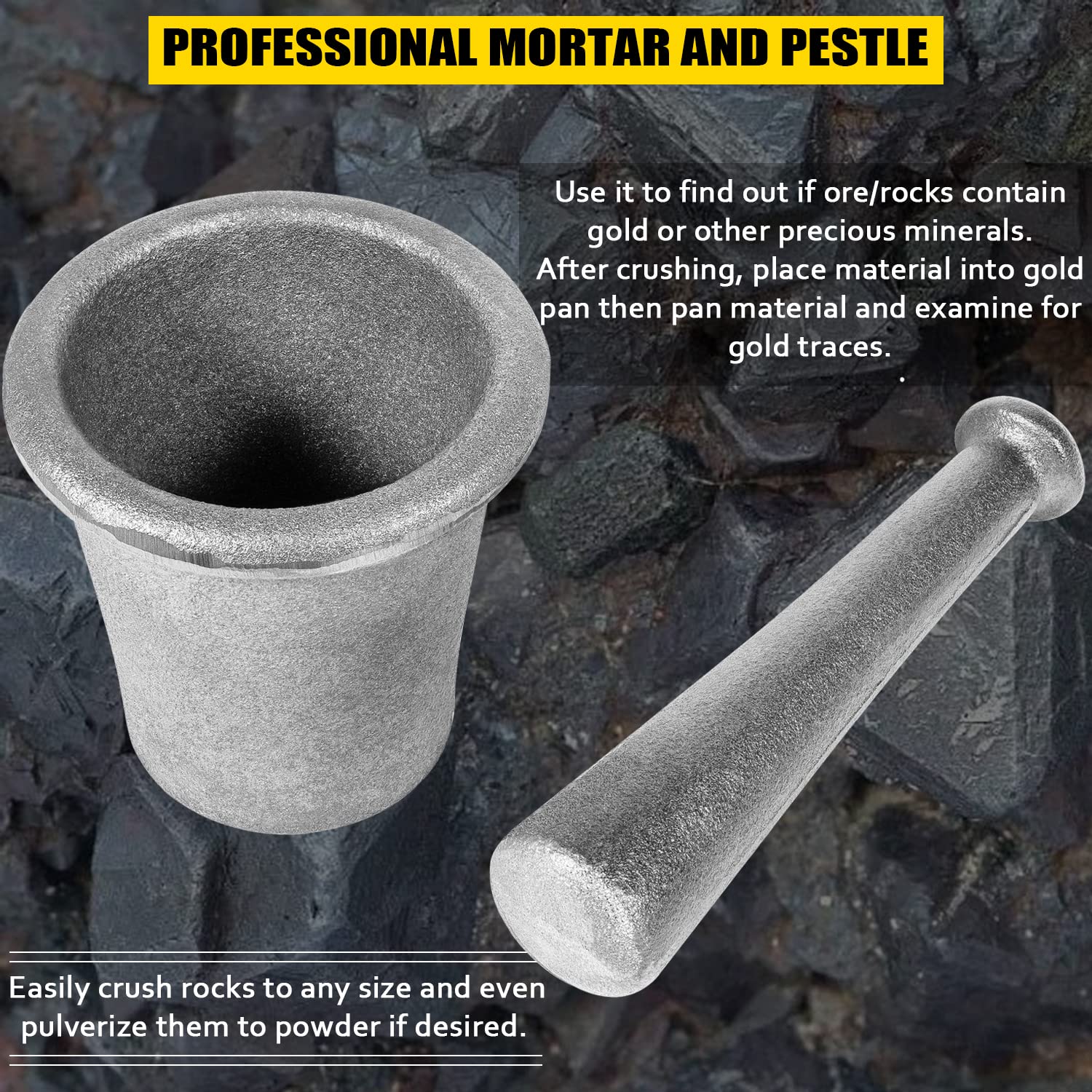 Yousme Extra Large Cast Steel Mortar and Pestle Set - Heavy Duty Rock Crusher for Gold Mining, Quartz Grinding, Ore Pulverizing & Prospecting - Perfect for Geology Labs, Assay Testing & DIY Gold Recovery