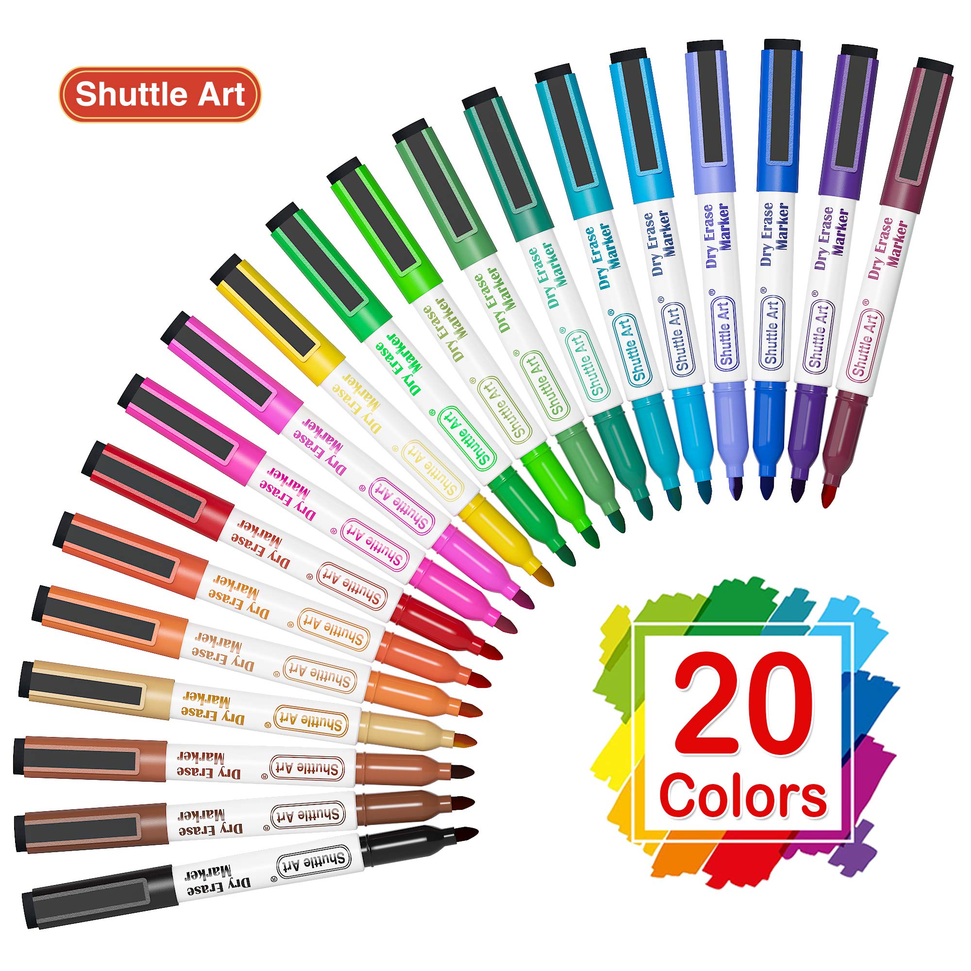 Shuttle Art Magnetic Whiteboard Markers Set of 20 - Fine Tip Dry Erase Markers with Eraser for Whiteboard, Glass & Planner - Perfect for School, Office & Home Use - Ideal for Teaching, Presentations & Organization