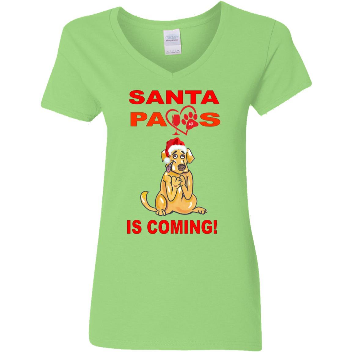 Santa Paws Is Coming - Funny Christmas Dog Lovers T-Shirt for Women - Soft 5.3 oz V-Neck Cotton Tee - Perfect Gift for Pet Owners & Holiday Parties