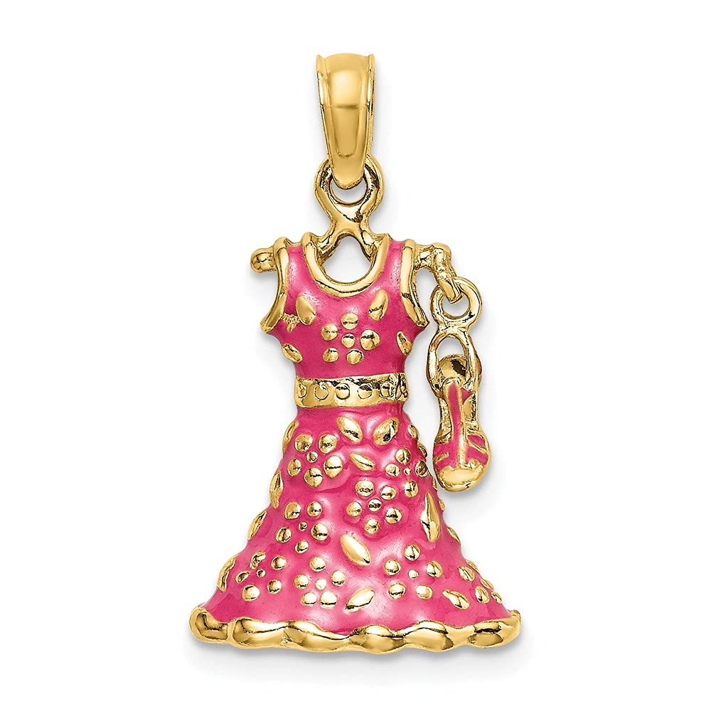 14K Yellow Gold 3D Movable Enamel Pink Floral Shoe Charm Pendant - Elegant Women's Fine Jewelry Gift (15.5mm x 12.4mm) for Bracelets, Necklaces & DIY Crafting