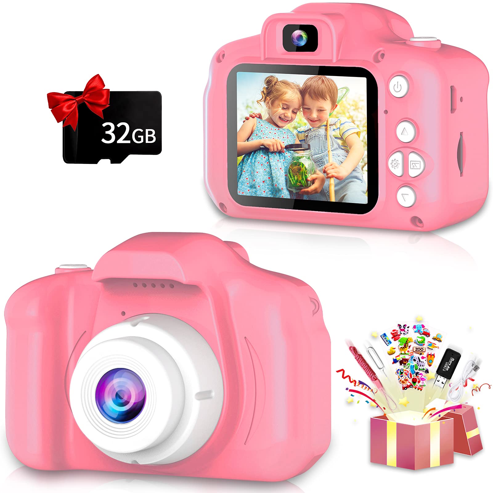 Upgraded Kids Digital Camera with 32GB SD Card - HD Selfie Camera for Girls Age 3-12 | Best Birthday Gift for 3-10 Year Old Girls | Perfect for Travel, Parties & Creative Play (Pink)