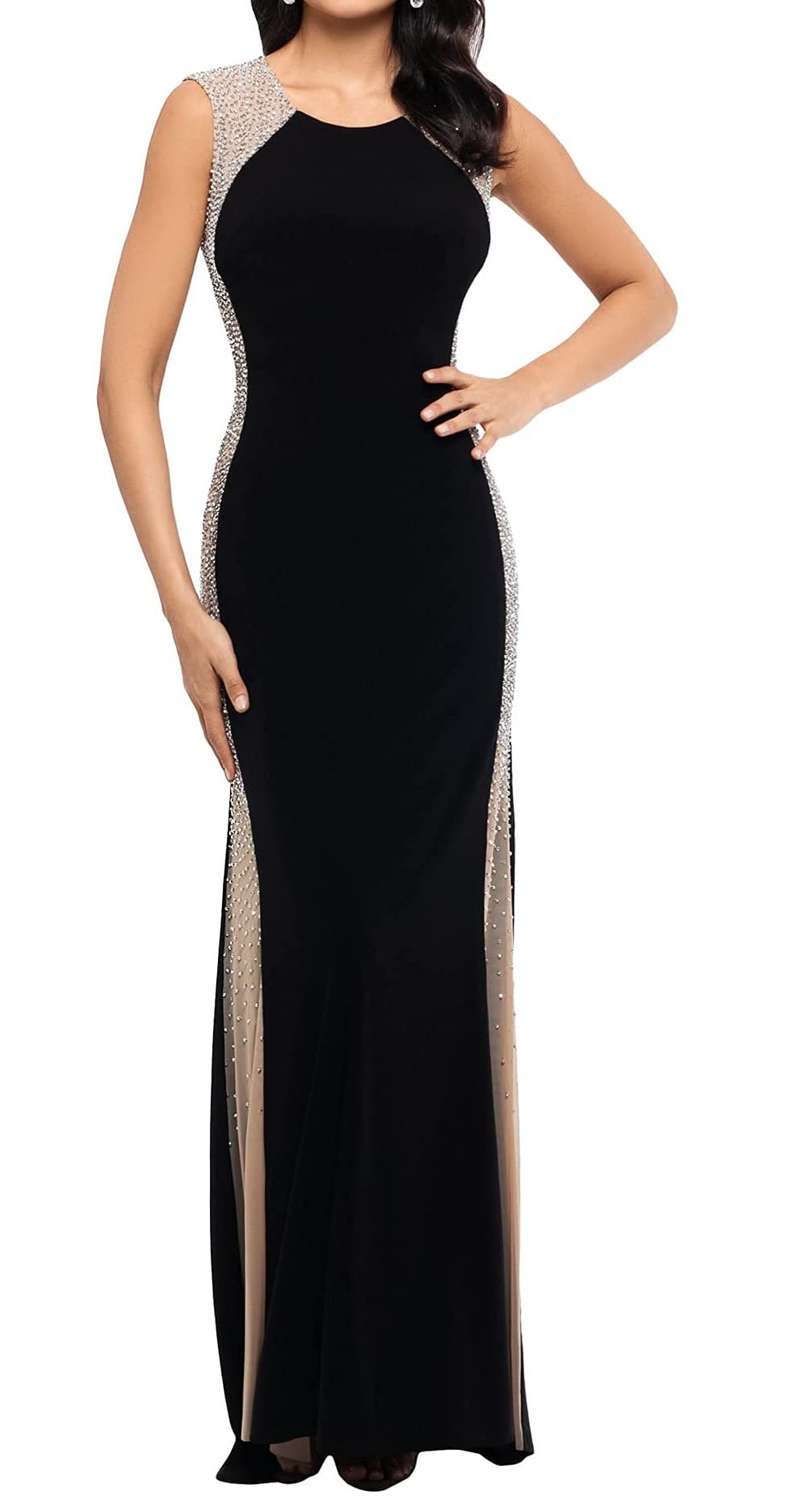 Xscape Women's Long Ivory Dress with Caviar Bead Sides - Elegant Evening Gown for Weddings, Parties & Special Occasions