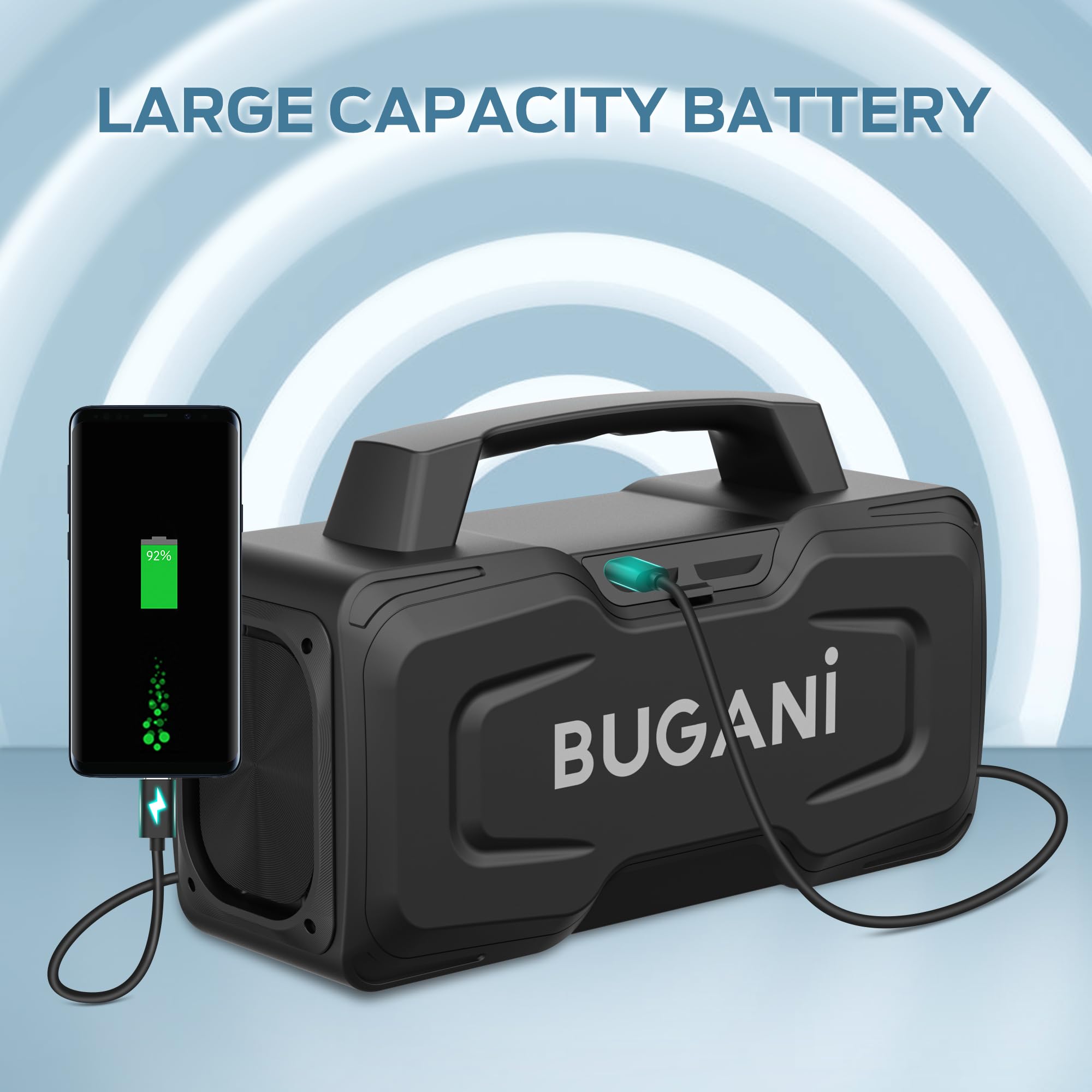 BUGANI 80W Powerful Bluetooth Speaker - IPX7 Waterproof Portable Wireless Speaker with Handle, 24H Playtime, Microphone/AUX/USB Support - Perfect for Outdoor Parties, Poolside, Beach & Camping (Black)