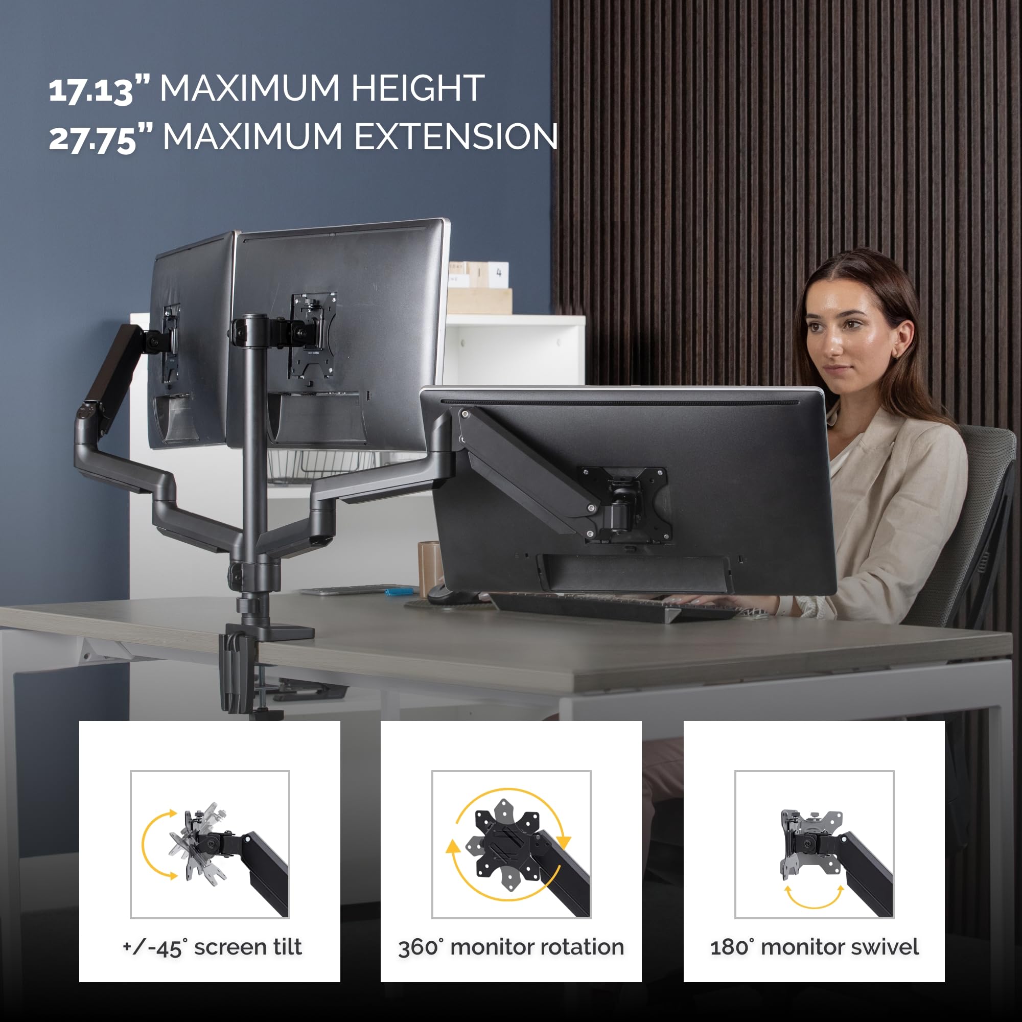Fellowes Platinum Series Adjustable Triple Monitor Arm (8042601) - Ergonomic Black Stand for Home & Office Workstations, Perfect for Multi-Screen Setup, Gaming & Productivity