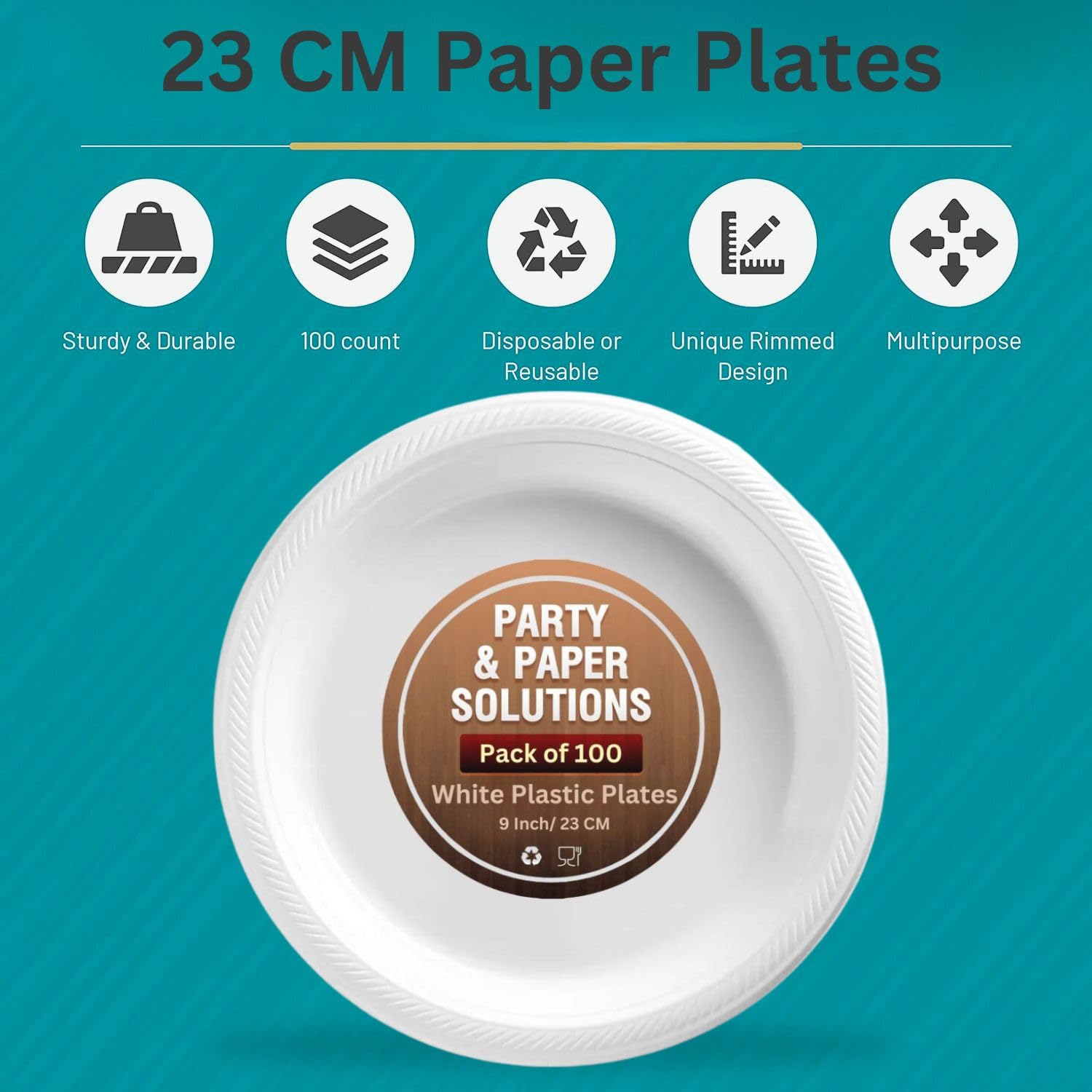 100 White Plastic Plates 9 Inch (23cm) - Durable & Sturdy Disposable Plates for Hot & Cold Food - Perfect for Parties, Picnics, BBQs & Everyday Use