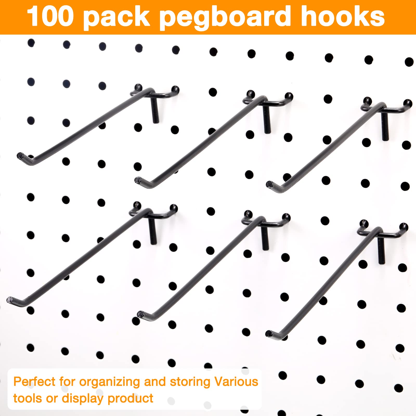 Shimeyao 100 Pcs Stainless Steel Peg Board Hooks - 8 Inch Black Wall Mount Hanging Hooks for 1/8 & 1/4 Inch Pegboard - Garage Storage Organizer Accessories for Tools, Kitchen Utensils & Retail Display