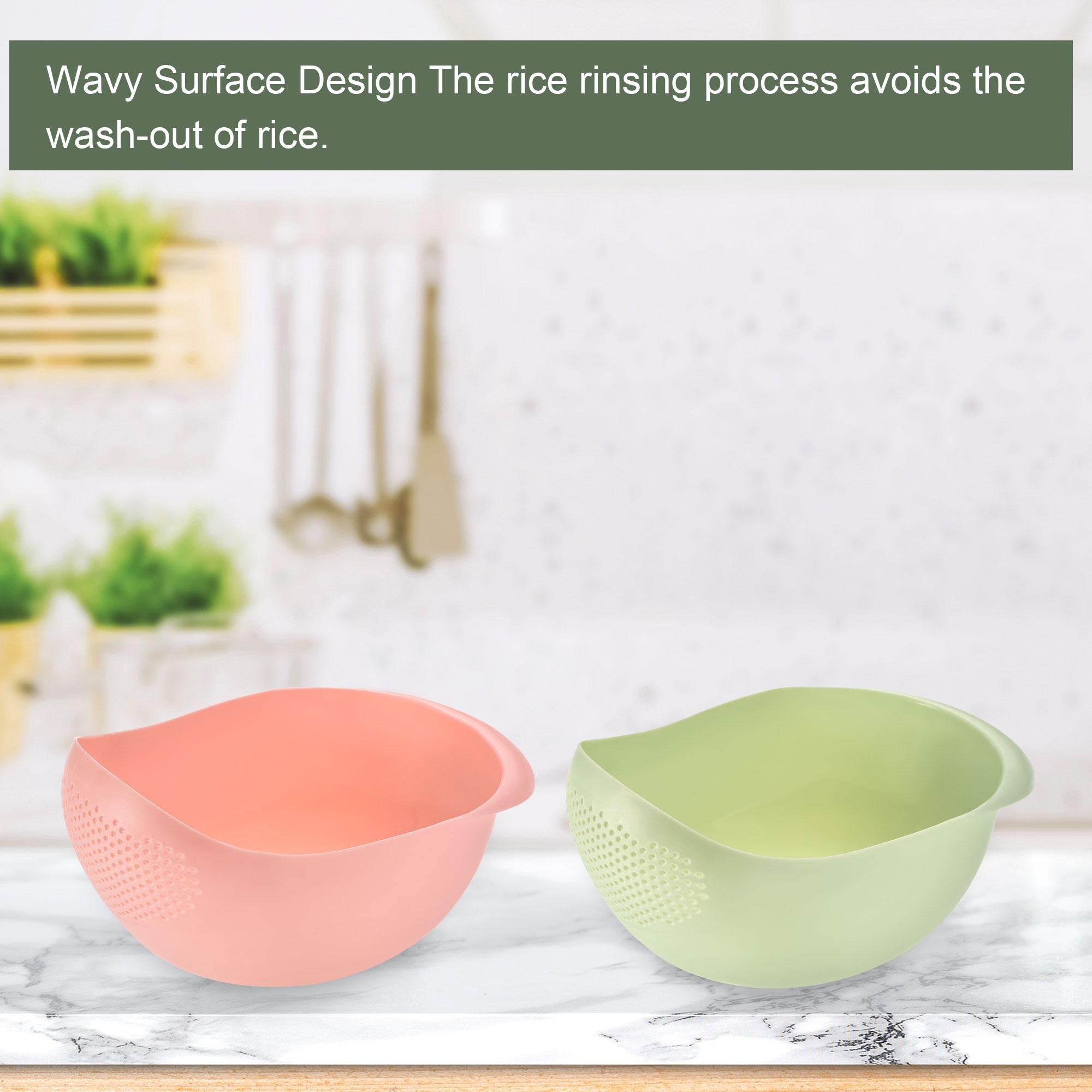 Uxcell 2-Pack Rice Strainer Bowl with Handle, Rice Washing Filter Strainer Basket Colander for Cleaning Vegetables and Fruits - Green & Pink | Perfect for Kitchen, Cooking, Meal Prep, and Healthy Eating