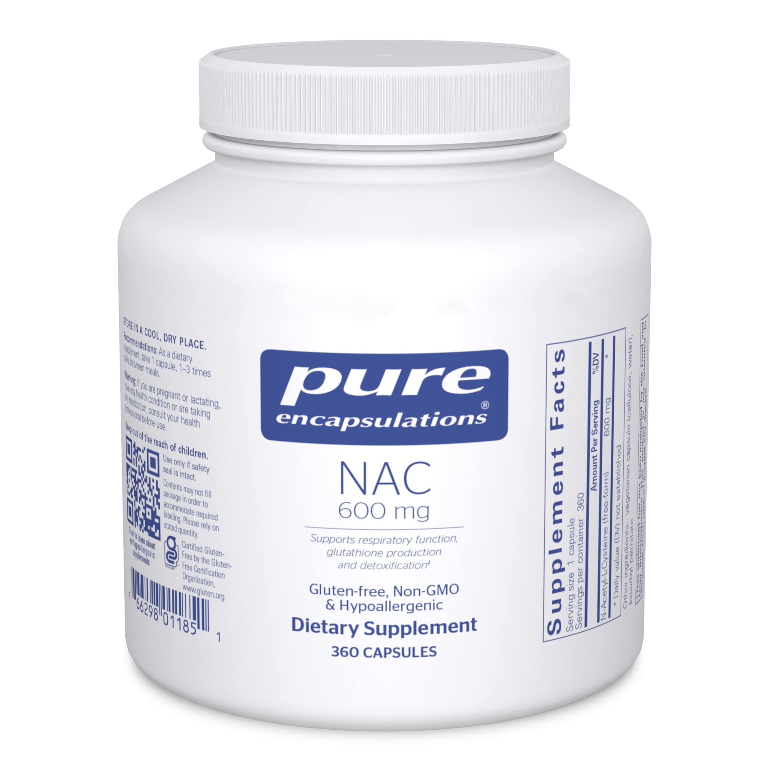 Pure Encapsulations NAC 600mg - N-Acetyl Cysteine Supplement for Lung Health, Immune & Liver Support, Antioxidant Boost - Freeform N-Acetyl-L-Cysteine - 360 Capsules - Supports Respiratory Wellness & Detoxification