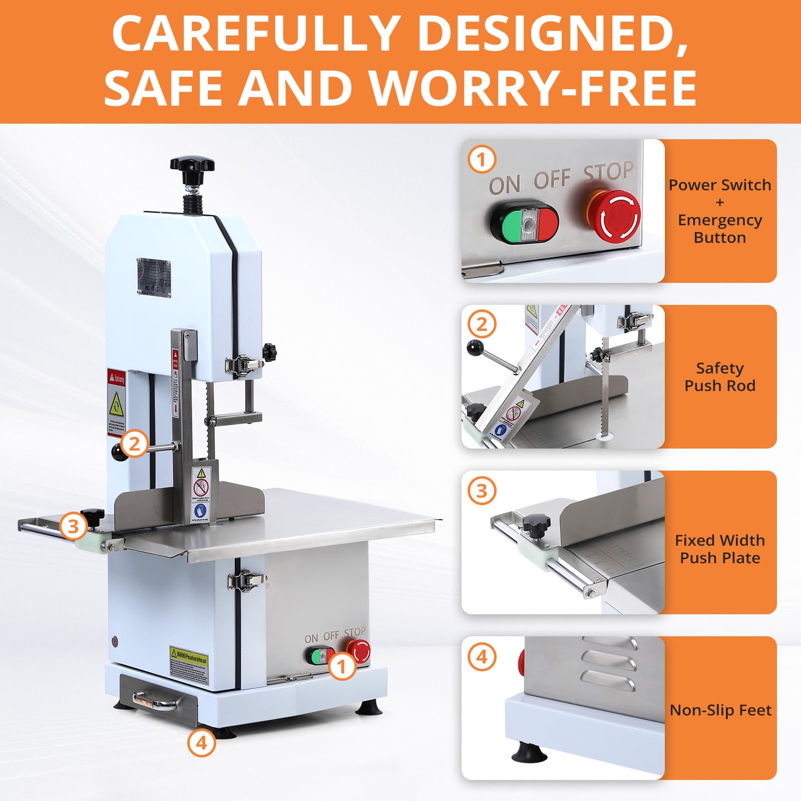1100W Commercial Electric Meat Bandsaw - Heavy Duty Bone Cutting Machine with 6 Saw Blades (0.39-6.6 Inch Adjustable Thickness) for Beef, Pork, Chicken, Fish & Frozen Meat - Perfect for Butcher Shops, Restaurants & Food Processing (1100W)