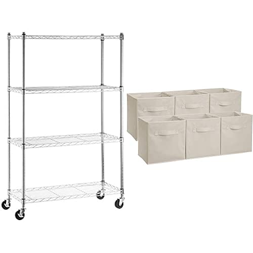 Amazon Basics 4-Shelf Heavy Duty Metal Wire Storage Rack with Wheels - Chrome Silver Shelving Unit & Collapsible Fabric Storage Cubes with Handles (6-Pack) - Perfect for Garage Organization, Closet Storage, and Home Office Supplies