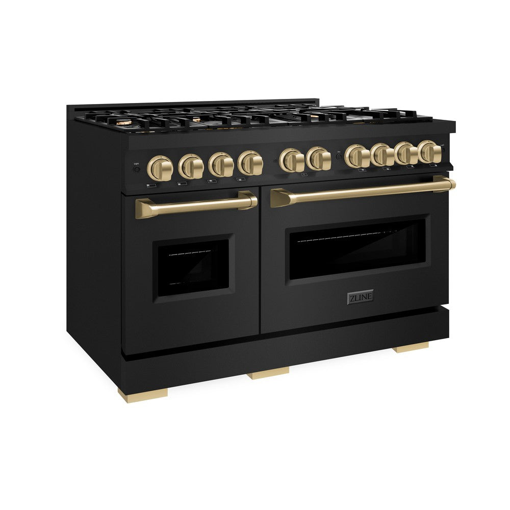 ZLINE Autograph Edition 48-Inch 6.7 cu. ft. Dual Fuel Range with 8-Burner Gas Cooktop & Double Oven - Black Stainless Steel with Champagne Bronze Accents (CDRBZ 48 CB) - Perfect for Gourmet Cooking & Entertaining in Modern Kitchens