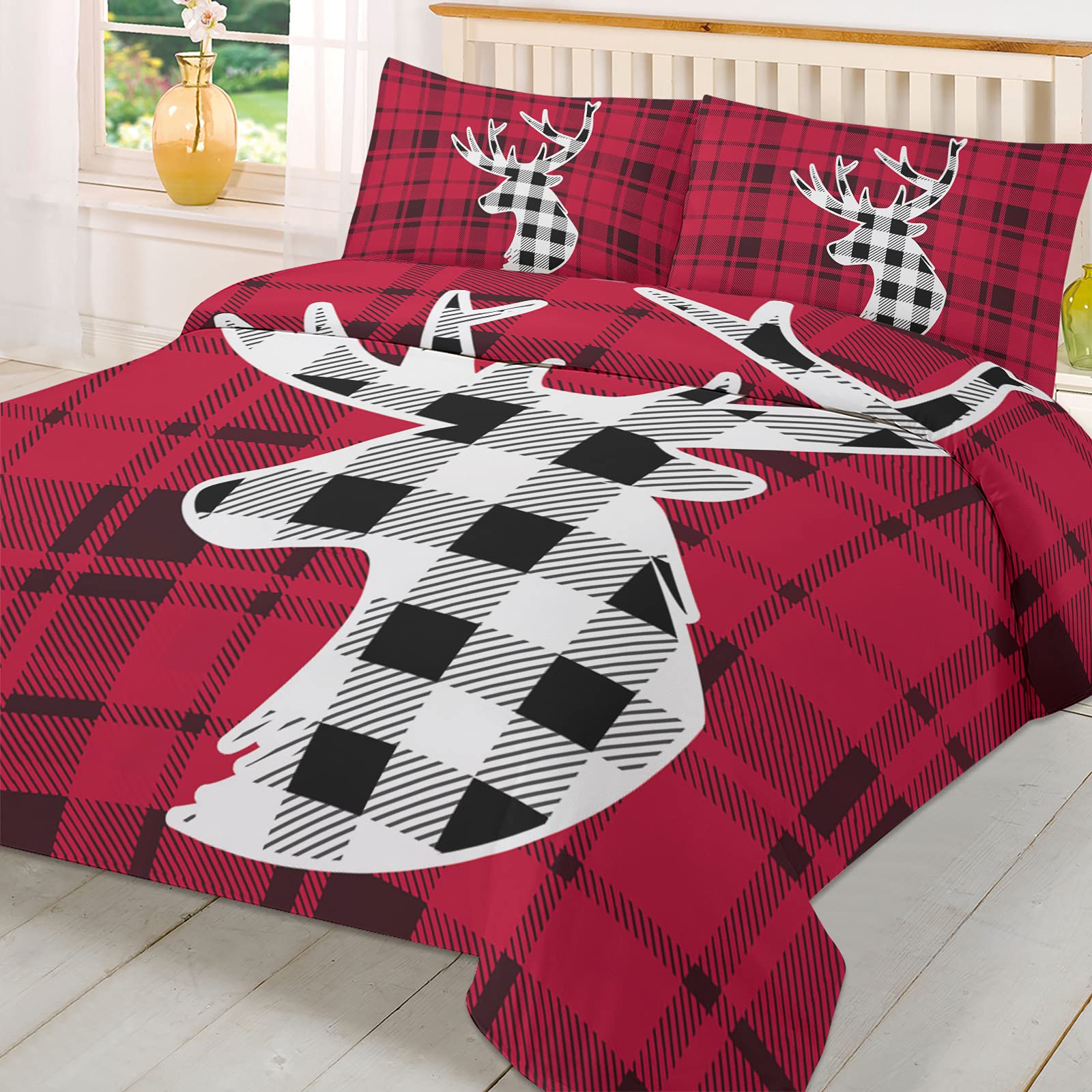 Christmas Elk Red and Black Lattice Queen Duvet Cover Set - Soft Bedding Set for Teens, Kids & Adults (1 Comforter Cover + 2 Pillowcases) - Cozy Holiday Home Decor for Winter Bedroom