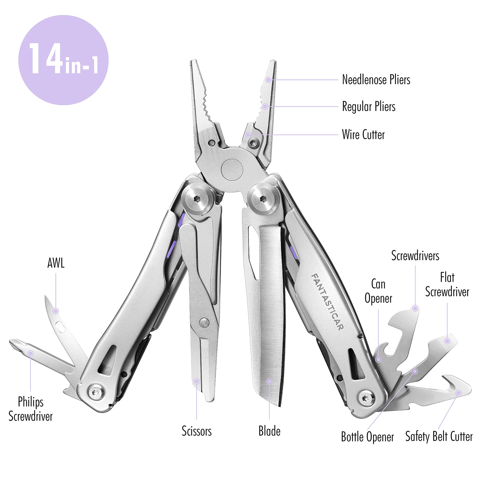 FantastiCAR Purple Utility Knife Box Cutter with 5 Extra Blades & Multifunctional Pliers Set - Stainless Steel Heavy Duty Tool for Home, Office, Warehouse & DIY Projects | Gift Ready Packaging