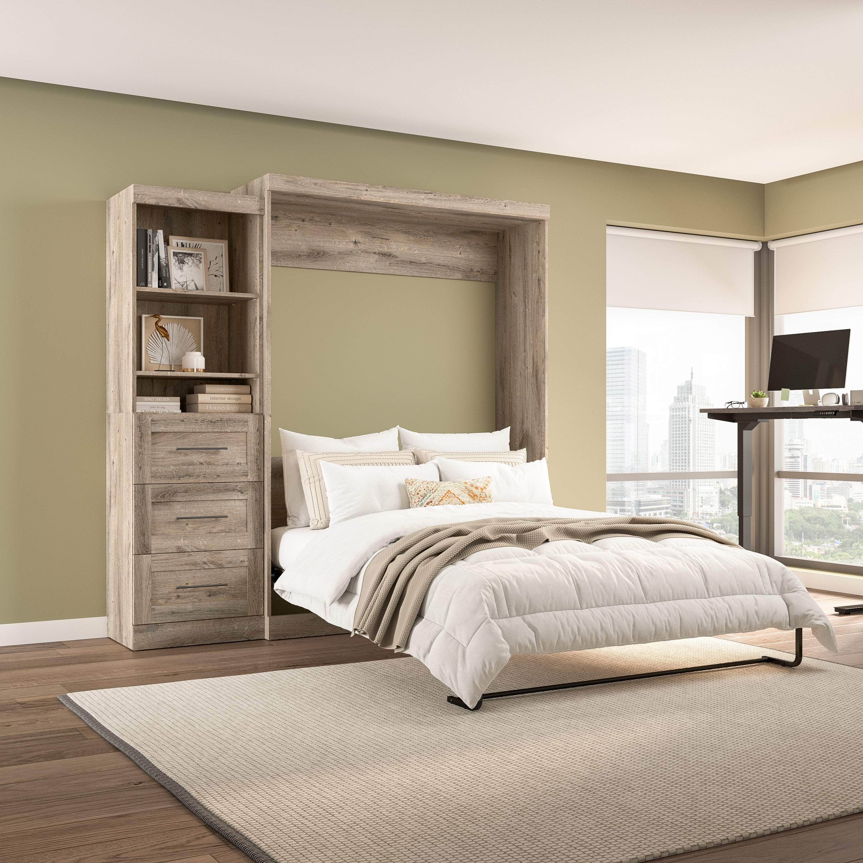 Queen Murphy Wall Bed with Storage Drawers - Space-Saving Foldable Bed for Small Rooms, Apartments & Guest Rooms (90