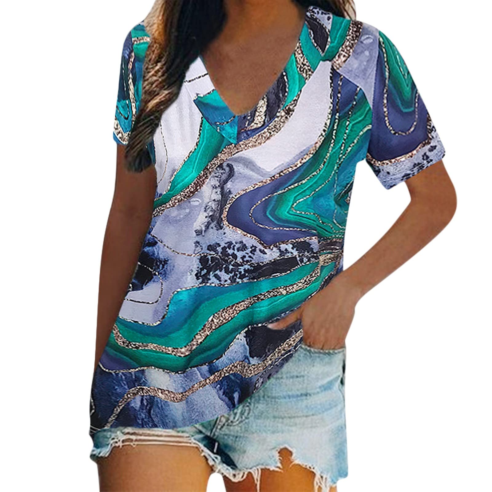 Trendy Women's Short Sleeve V-Neck Tie-Dyed Graphic Tee - Casual Summer T-Shirt for Women | Perfect for Beach Outings, Music Festivals & Everyday Wear