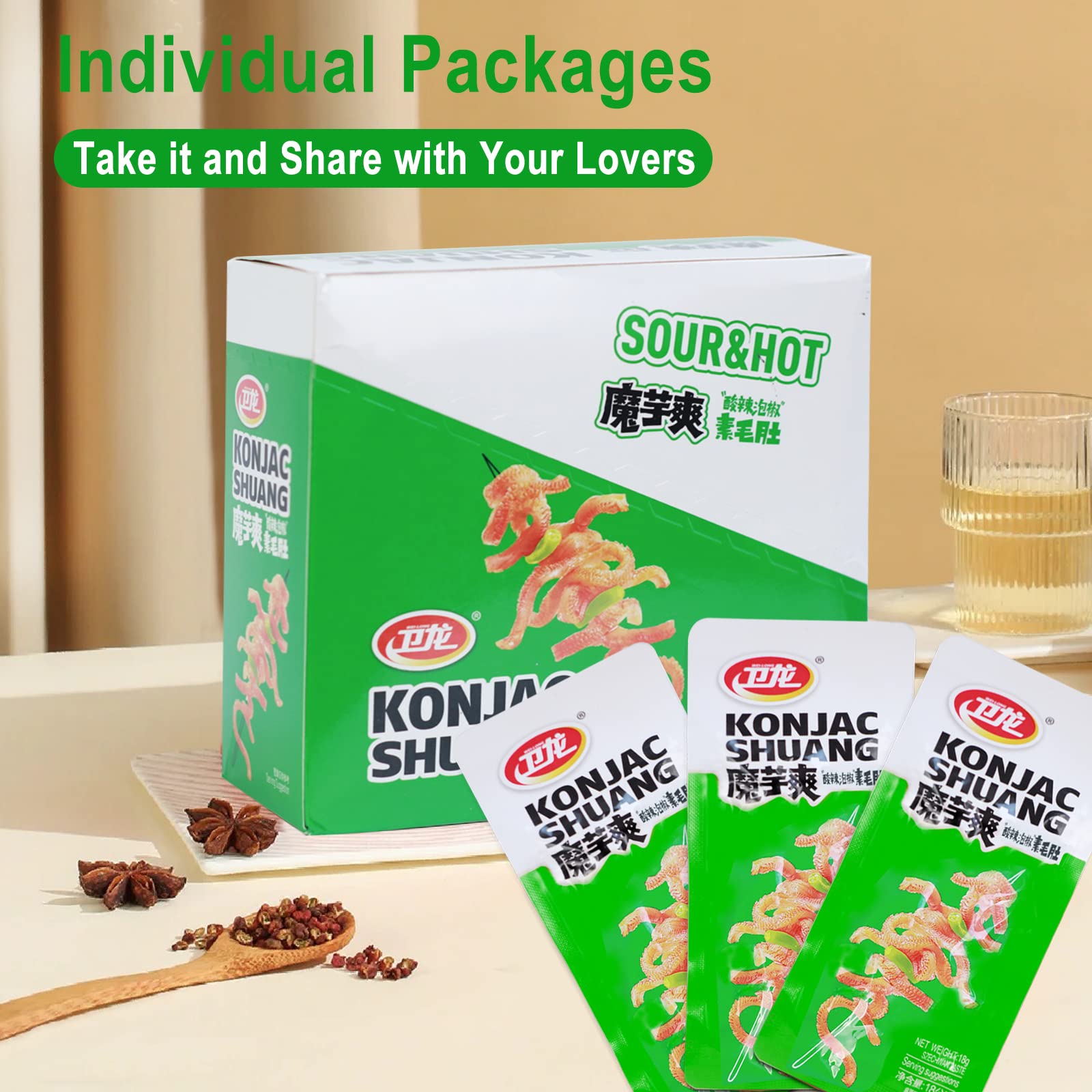 **Spicy Hot WeiLong Konjac Strips - Chinese Snacks, 18g x 20 Bags (Pack of 1) - Spicy & Sour Flavor, Perfect for Office Snacks, Movie Nights & Road Trips**