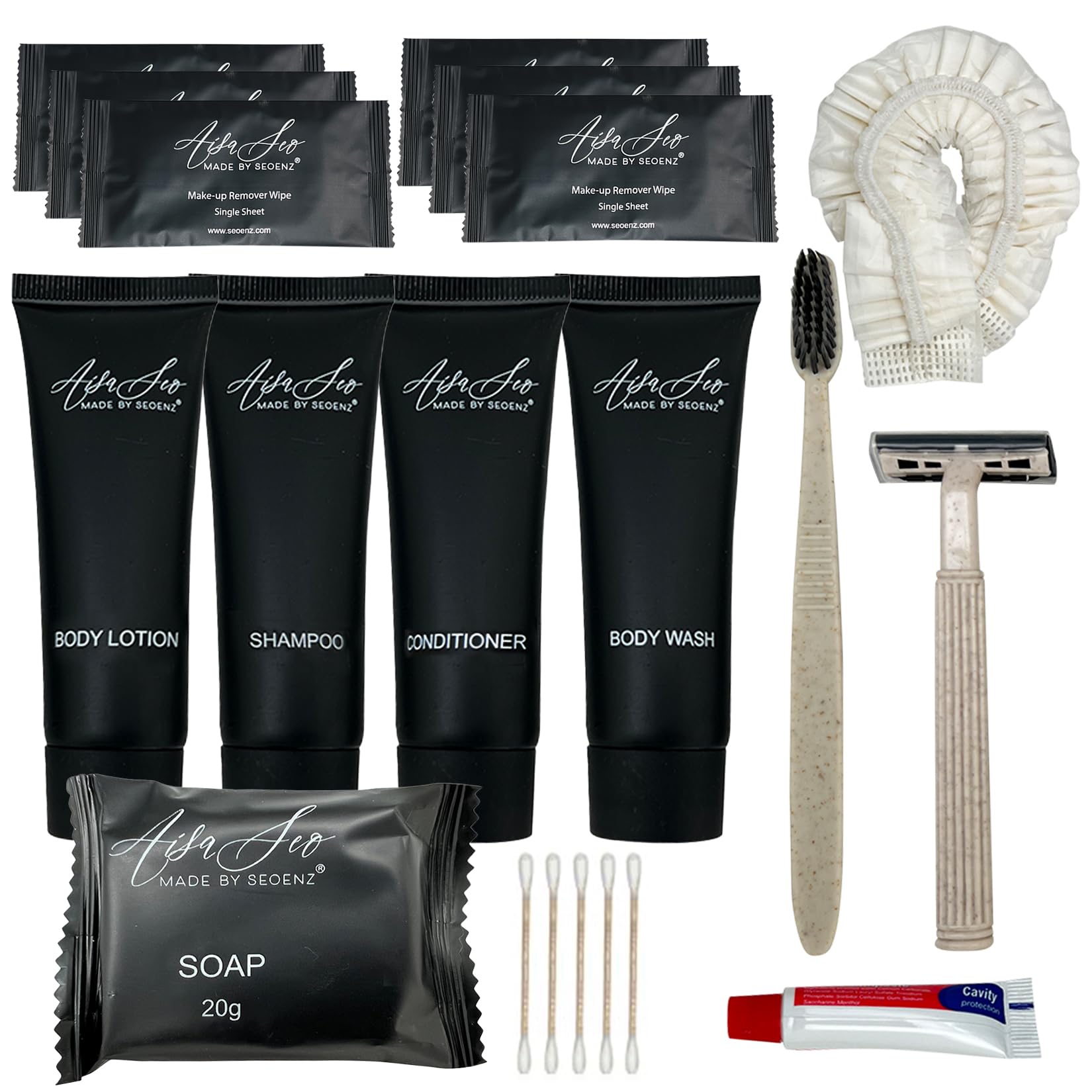 Bulk Hotel & Airbnb Amenities Kit - 50-Piece Set with 1oz Shampoo, Conditioner, Body Wash, Lotion, Bar Soap, Shower Cap, Razor, Toothbrush & Qtips | Travel & Hospitality Toiletries for Guests