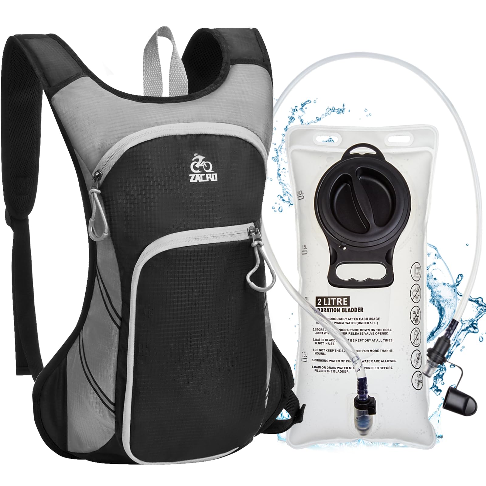 Zacro 2L/3L Hydration Backpack - Leak Proof Hiking Backpack with TPU Water Bladder, Lightweight Running Cycling Climbing Pack for Men & Women | Perfect for Outdoor Adventures, Marathon Training & Mountain Biking