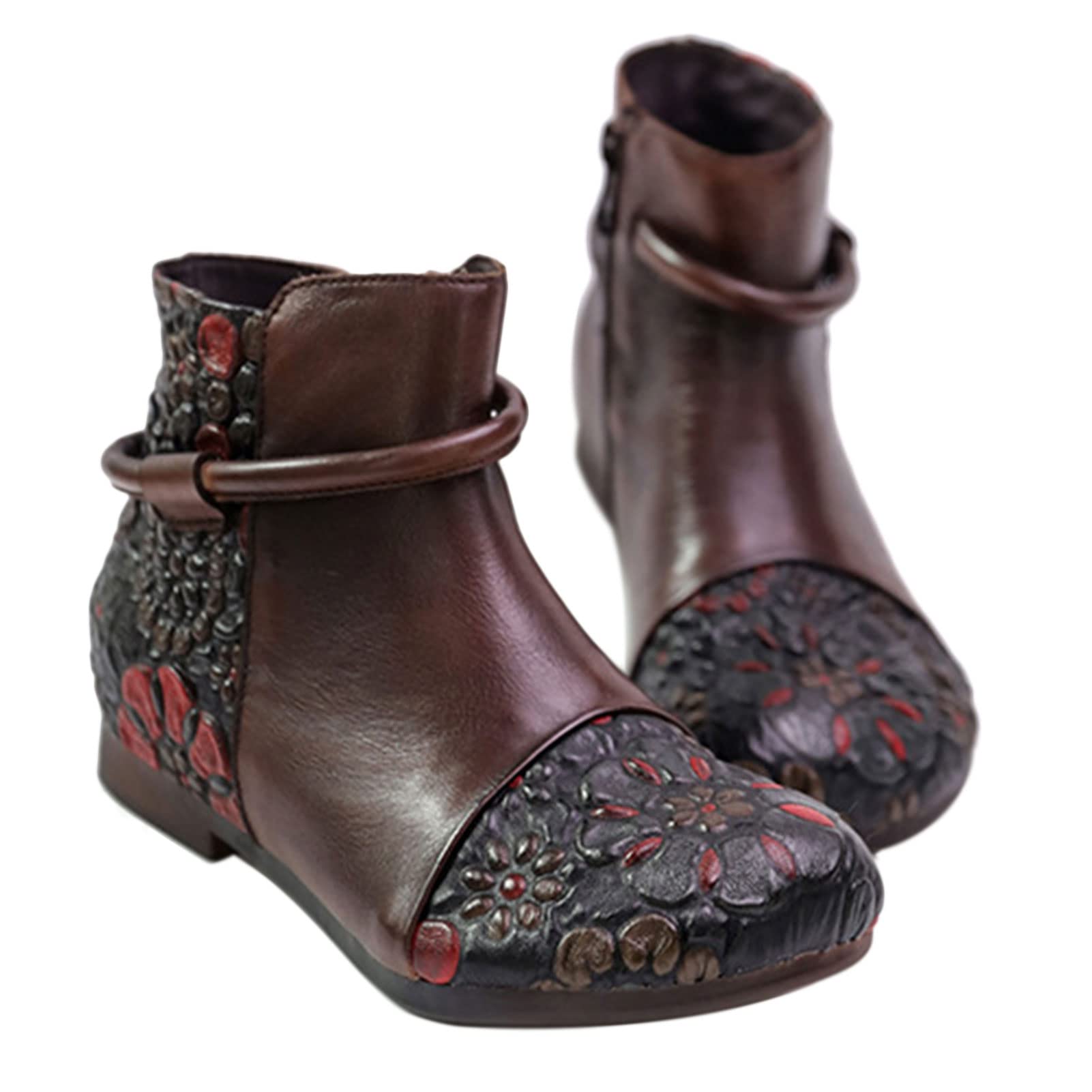 TDHLW Women's Ankle Boots - Low Heel Cow Leather Short Boots with Side Zipper, Brown Round Toe Retro Style for Fall & Winter | Comfortable Soft Sole, Casual & Office Wear, Perfect for Daily Outfits & Cold Weather